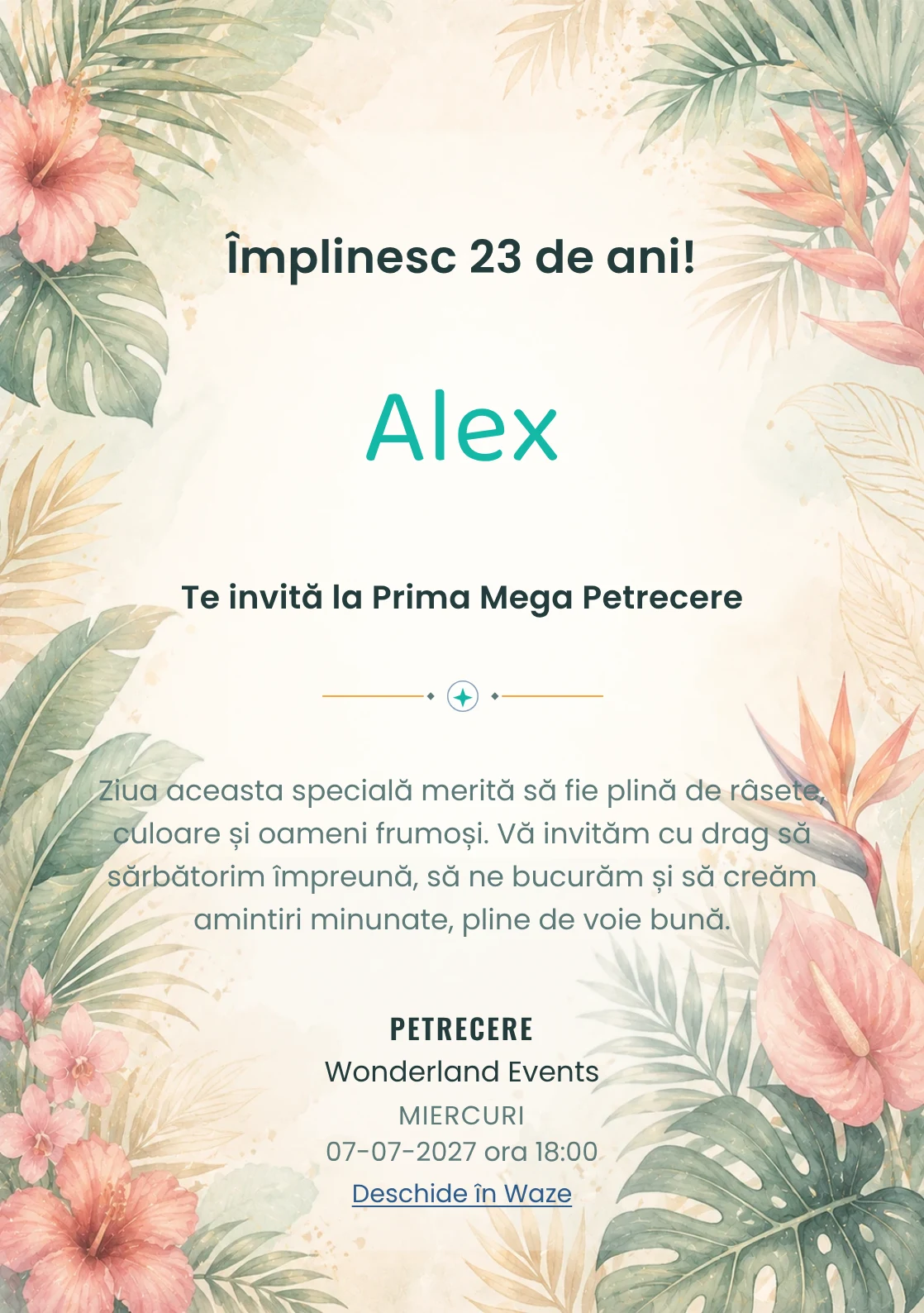Invitație digitală aniversară Tropical Chic, fundal premium cu frunze de palmier, flori exotice și coral stins