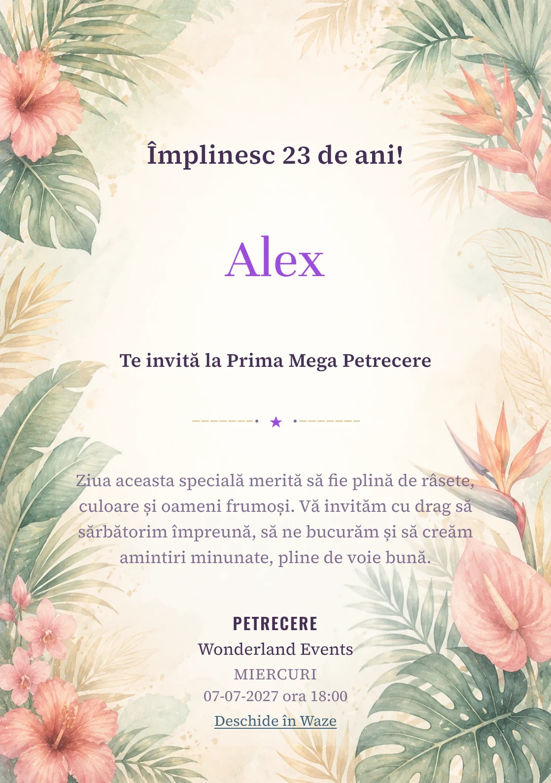 Invitație digitală aniversară Tropical Chic, fundal premium cu frunze de palmier, flori exotice și coral stins