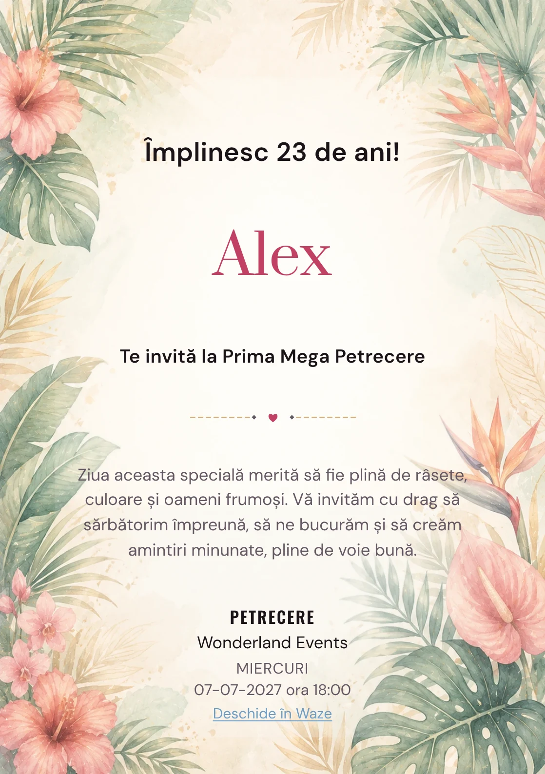 Invitație digitală aniversară Tropical Chic, fundal premium cu frunze de palmier, flori exotice și coral stins
