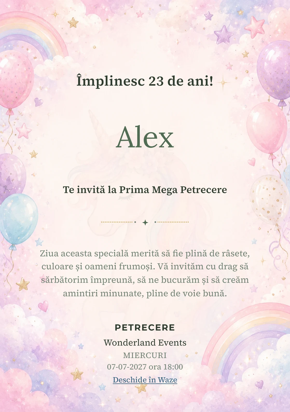 Invitație digitală de zi de naștere Unicorn Magic, fundal pastel cu unicorn delicat, curcubeu pal și nori pastel