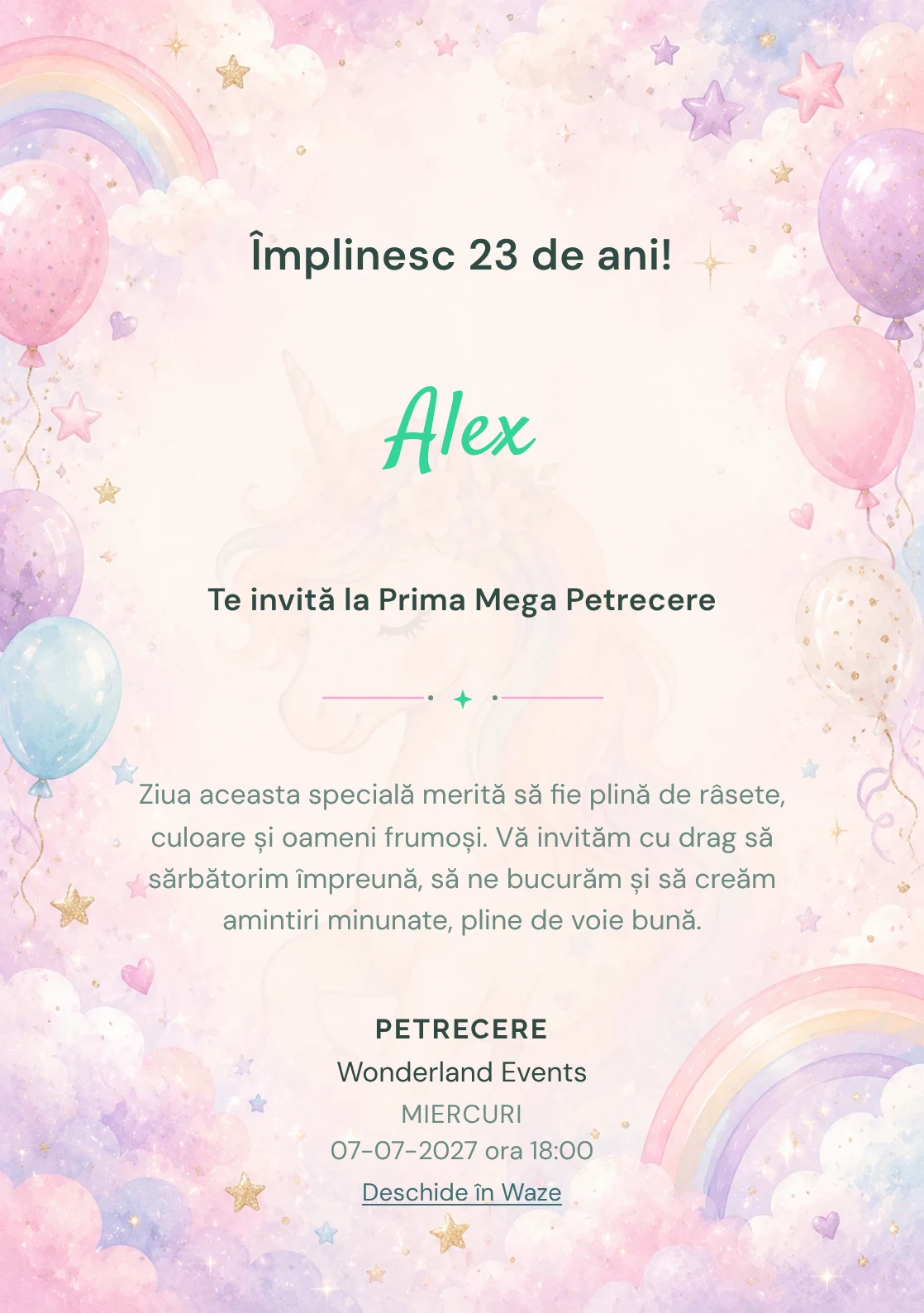 Invitație digitală de zi de naștere Unicorn Magic, fundal pastel cu unicorn delicat, curcubeu pal și nori pastel