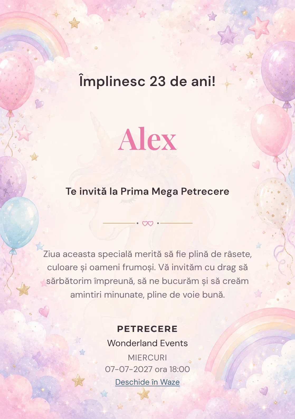 Invitație digitală de zi de naștere Unicorn Magic, fundal pastel cu unicorn delicat, curcubeu pal și nori pastel