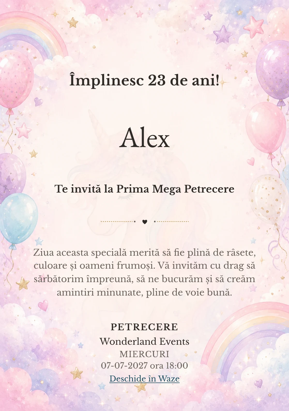 Invitație digitală de zi de naștere Unicorn Magic, fundal pastel cu unicorn delicat, curcubeu pal și nori pastel