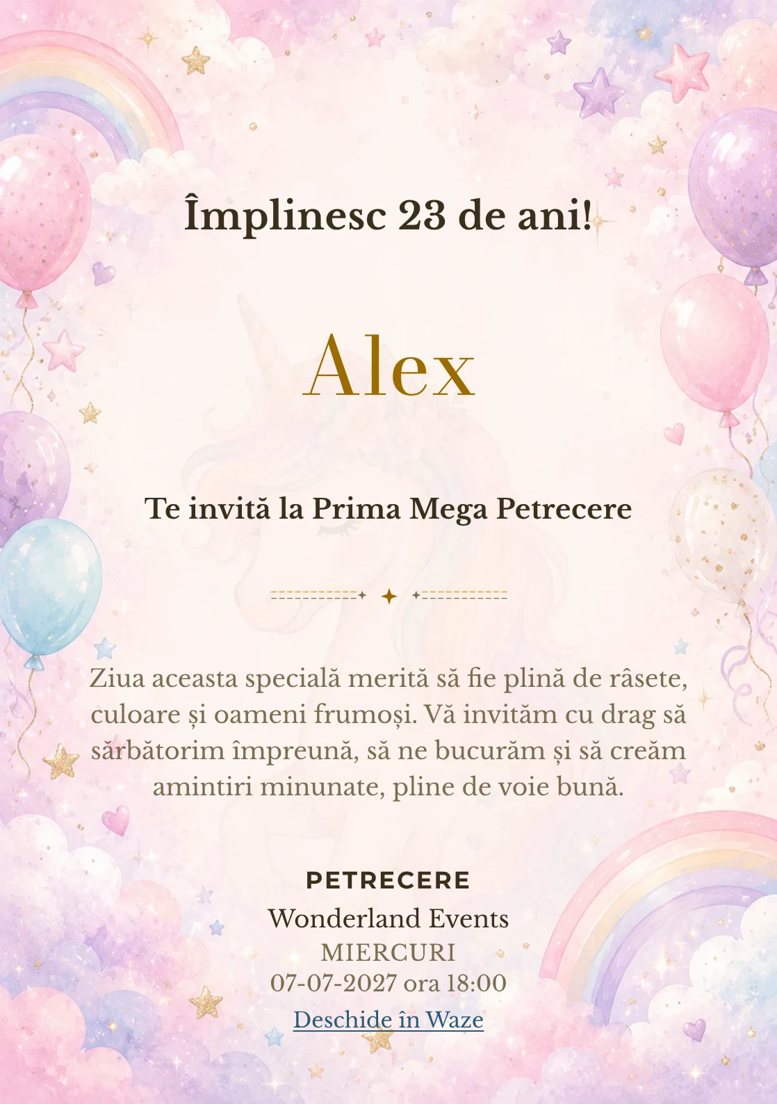 Invitație digitală de zi de naștere Unicorn Magic, fundal pastel cu unicorn delicat, curcubeu pal și nori pastel
