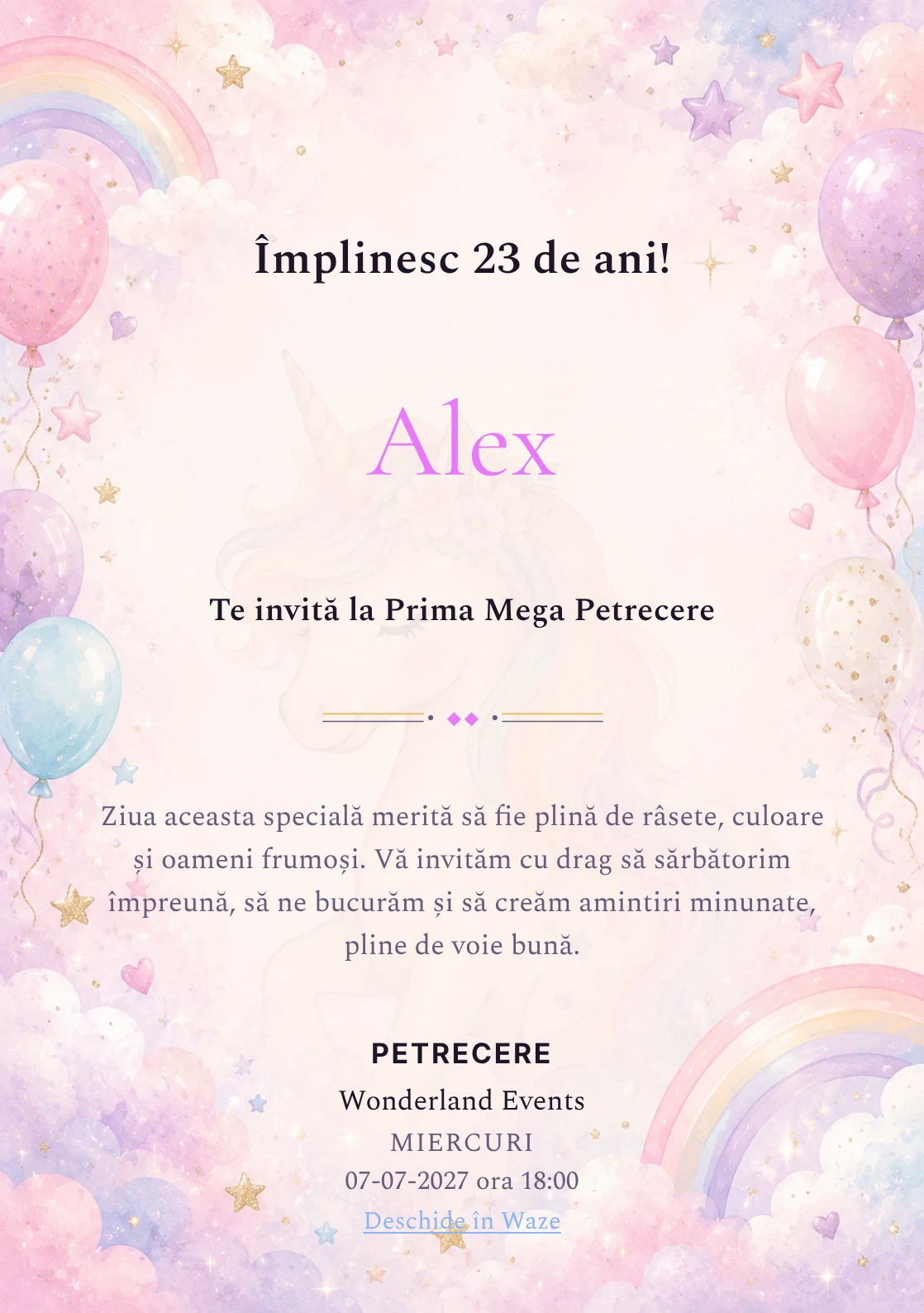 Invitație digitală de zi de naștere Unicorn Magic, fundal pastel cu unicorn delicat, curcubeu pal și nori pastel