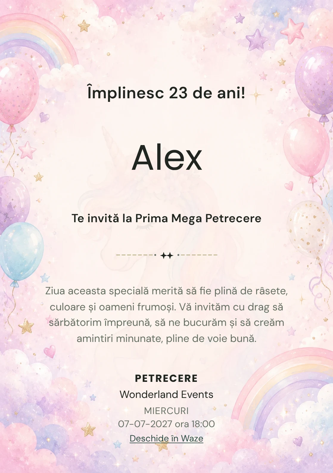 Invitație digitală de zi de naștere Unicorn Magic, fundal pastel cu unicorn delicat, curcubeu pal și nori pastel