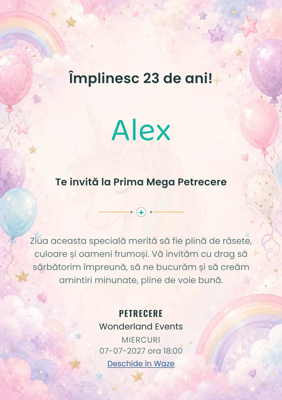 Invitație digitală de zi de naștere Unicorn Magic, fundal pastel cu unicorn delicat, curcubeu pal și nori pastel