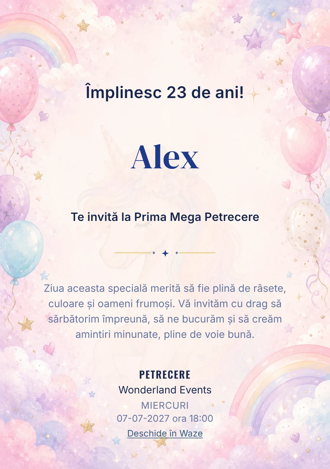 Invitație digitală de zi de naștere Unicorn Magic, fundal pastel cu unicorn delicat, curcubeu pal și nori pastel