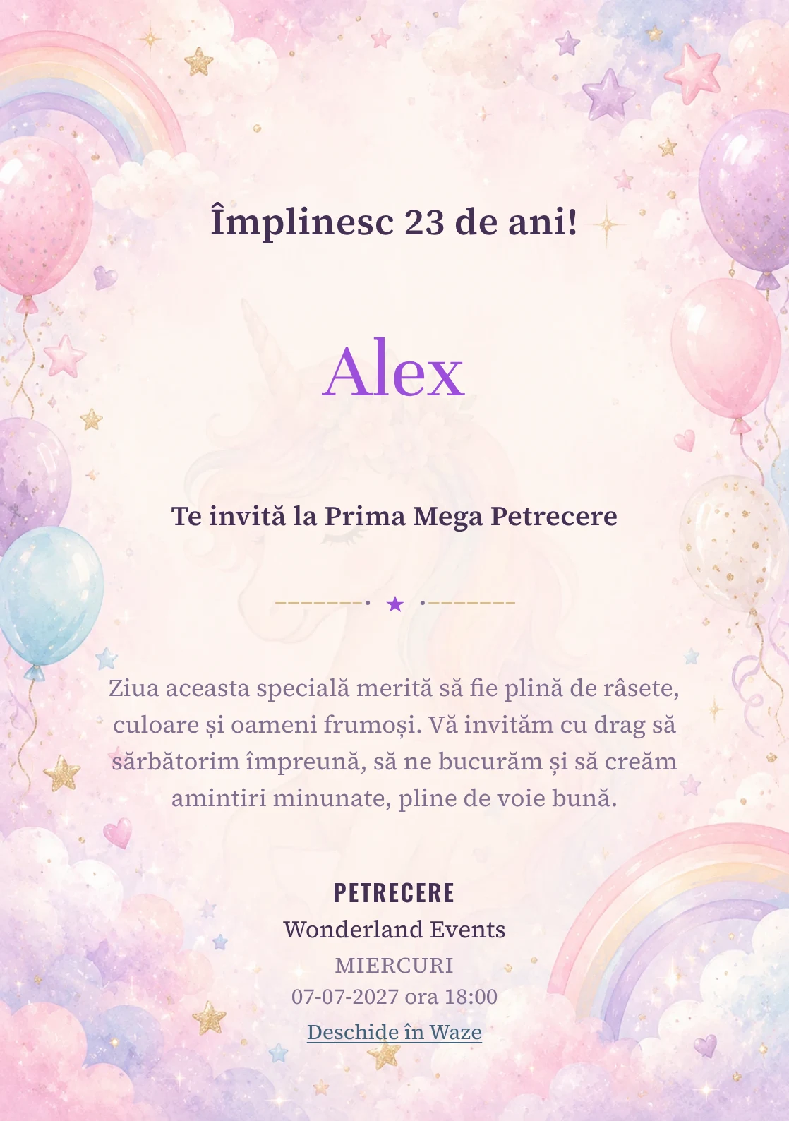 Invitație digitală de zi de naștere Unicorn Magic, fundal pastel cu unicorn delicat, curcubeu pal și nori pastel