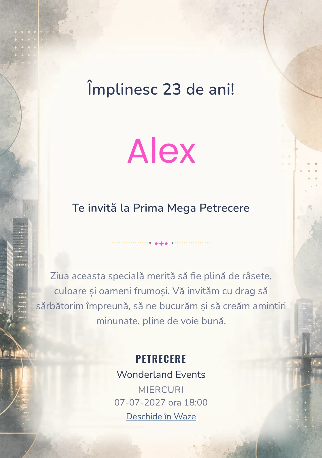 Invitație digitală aniversară Urban Chic, fundal premium cu skyline blurat, reflexii moderne și accente champagne
