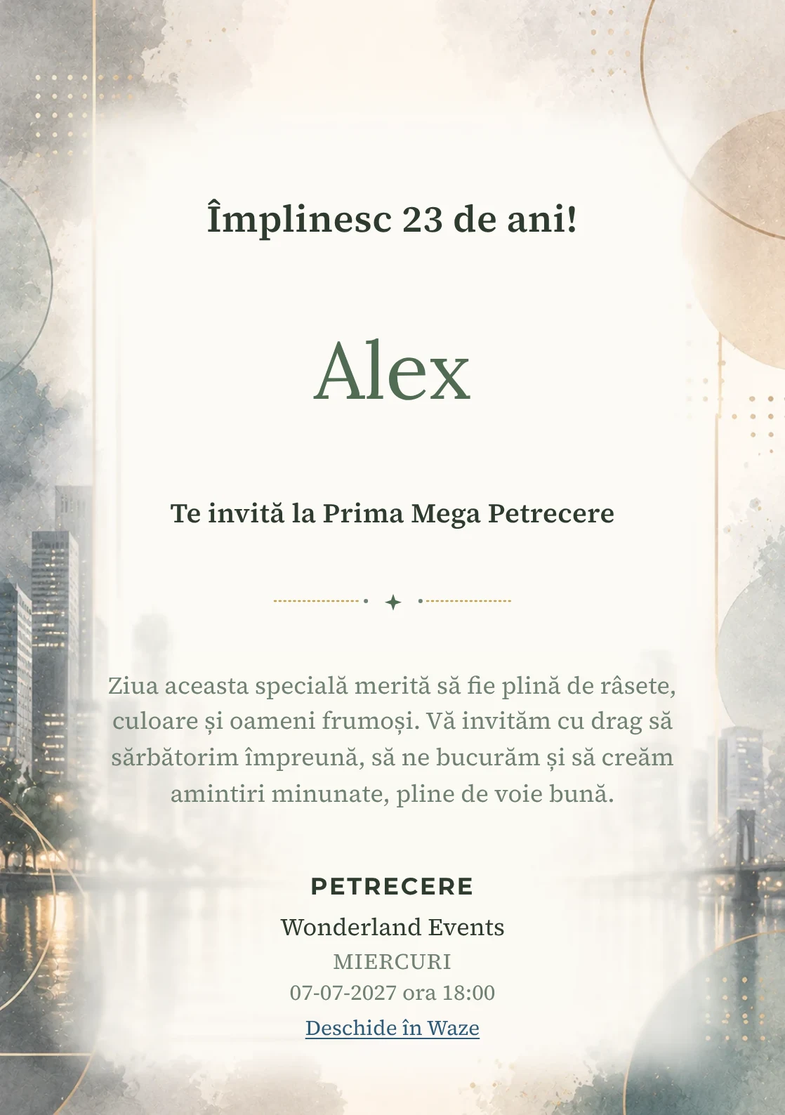 Invitație digitală aniversară Urban Chic, fundal premium cu skyline blurat, reflexii moderne și accente champagne