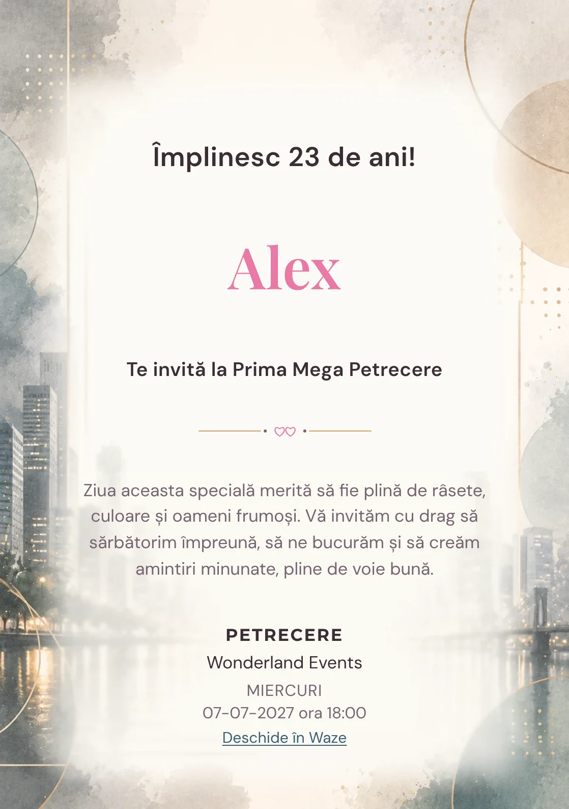 Invitație digitală aniversară Urban Chic, fundal premium cu skyline blurat, reflexii moderne și accente champagne