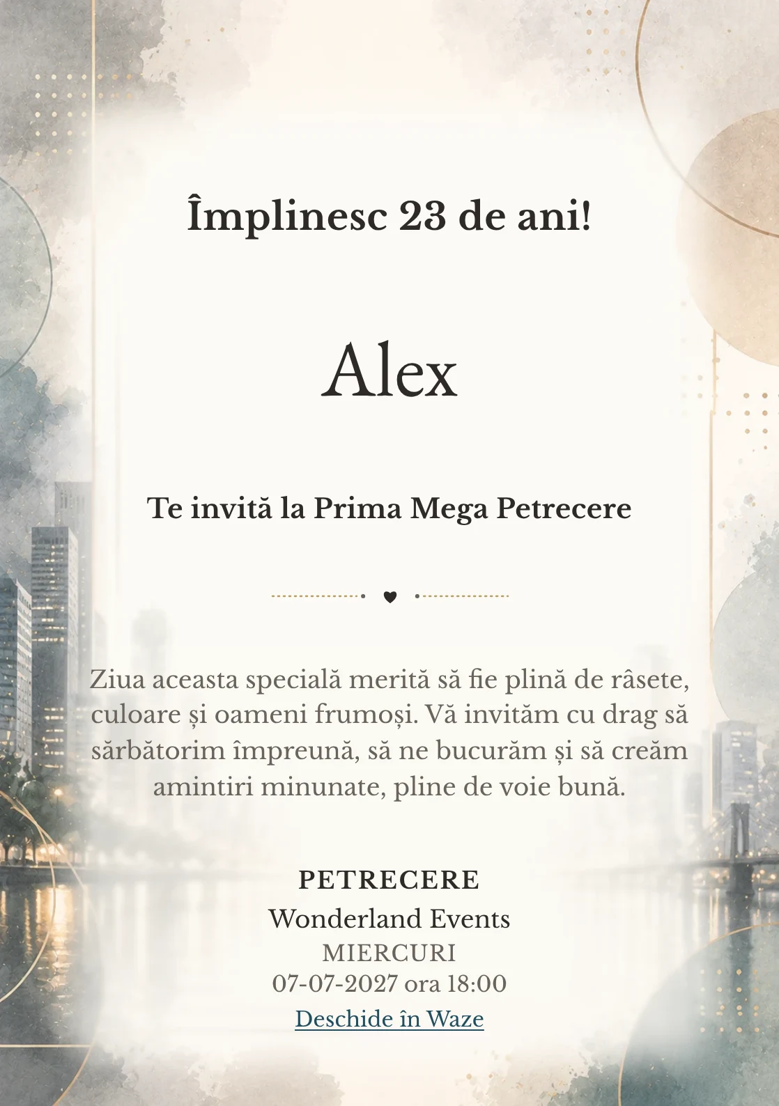 Invitație digitală aniversară Urban Chic, fundal premium cu skyline blurat, reflexii moderne și accente champagne