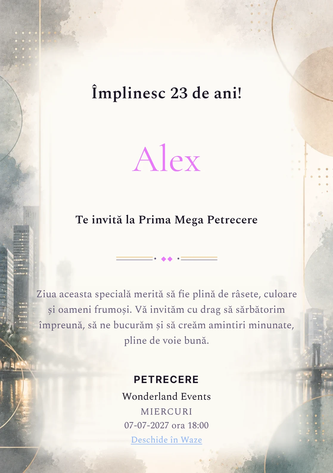 Invitație digitală aniversară Urban Chic, fundal premium cu skyline blurat, reflexii moderne și accente champagne