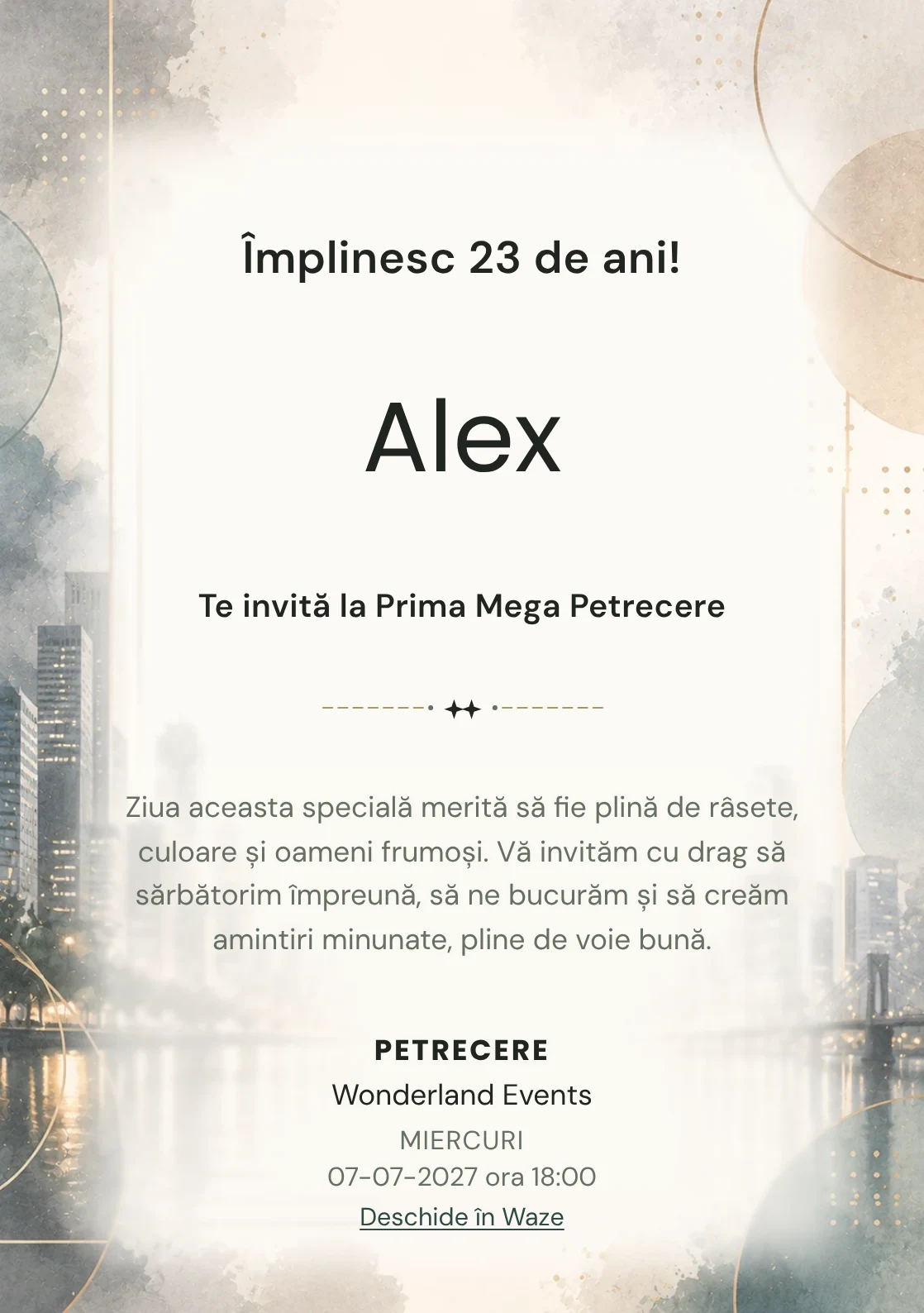 Invitație digitală aniversară Urban Chic, fundal premium cu skyline blurat, reflexii moderne și accente champagne