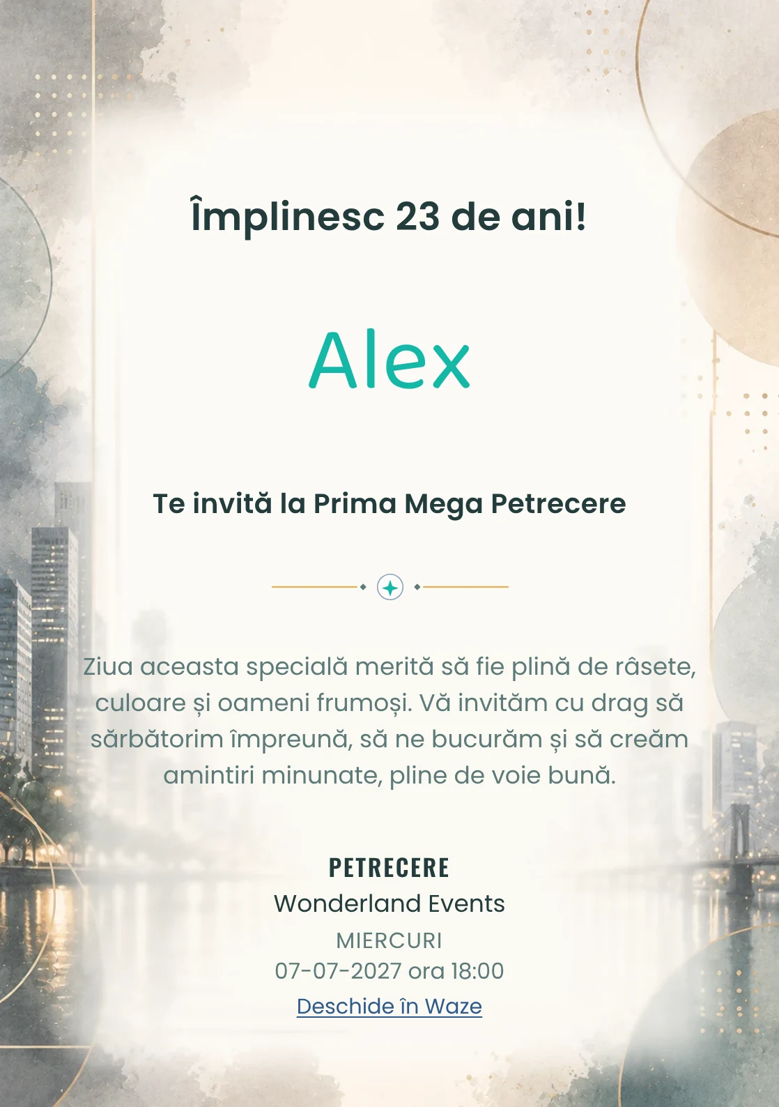 Invitație digitală aniversară Urban Chic, fundal premium cu skyline blurat, reflexii moderne și accente champagne