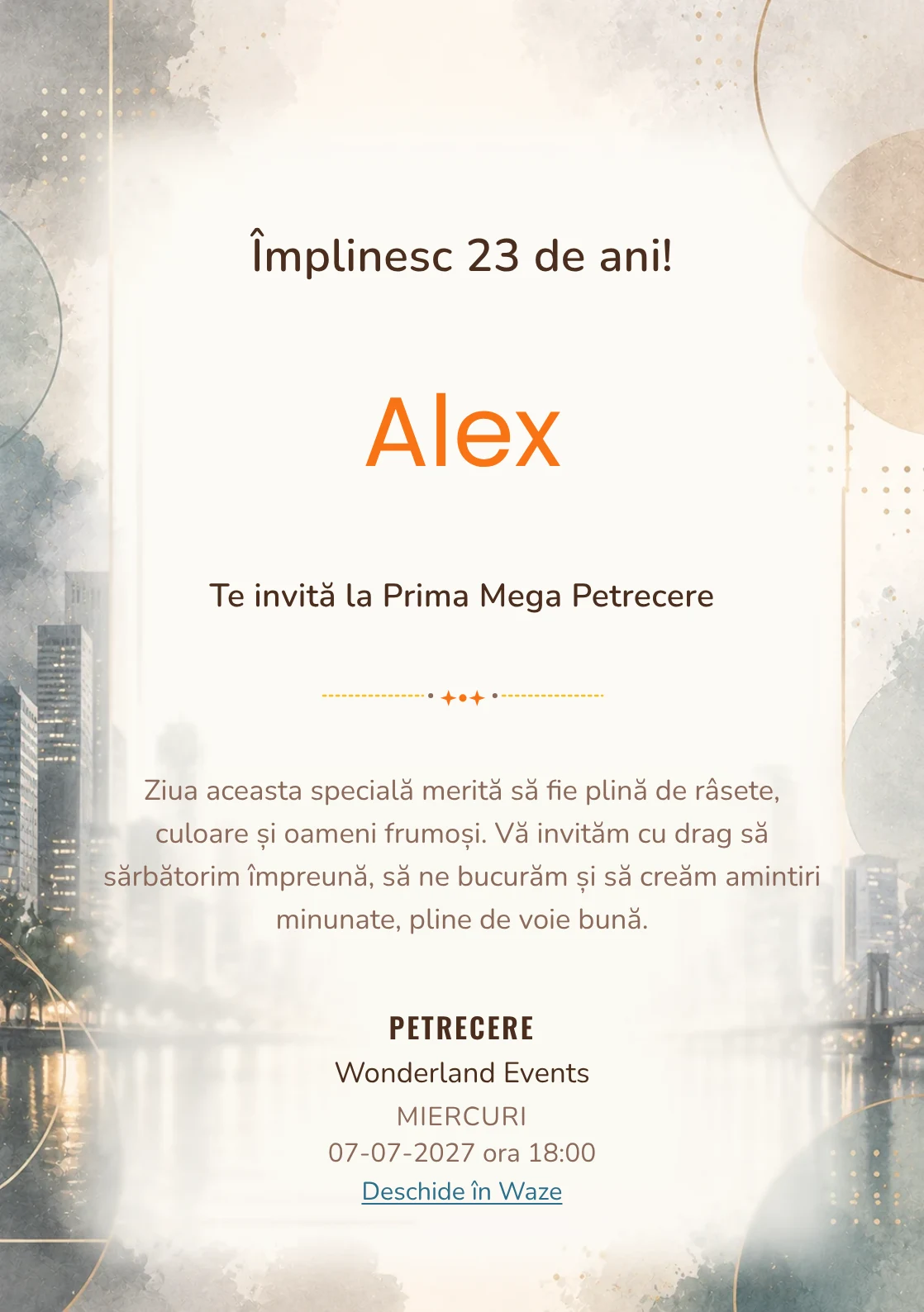 Invitație digitală aniversară Urban Chic, fundal premium cu skyline blurat, reflexii moderne și accente champagne