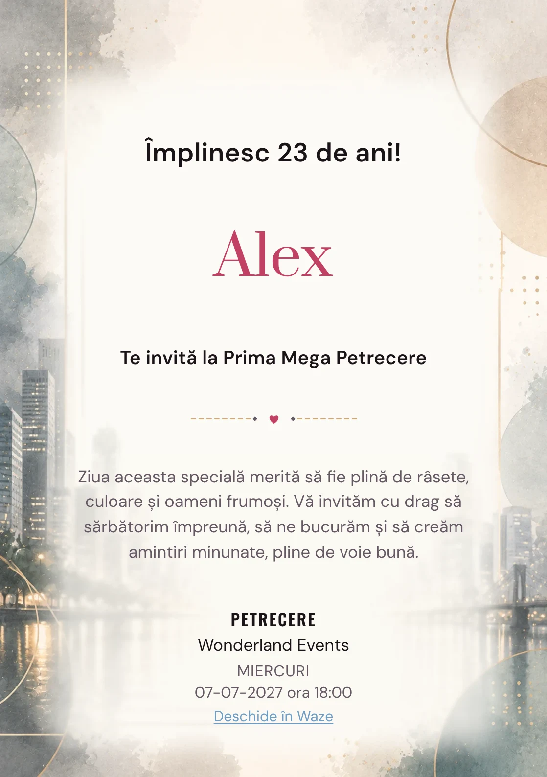 Invitație digitală aniversară Urban Chic, fundal premium cu skyline blurat, reflexii moderne și accente champagne