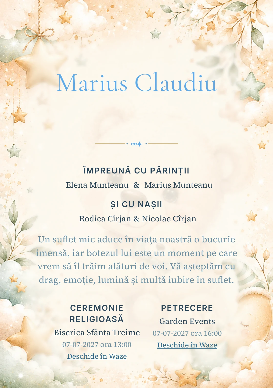 Invitație digitală de botez Ursuleț de Poveste, fundal cu ursuleț central transparent, nori moi, stele mici și tonuri bej-verde pal și centru luminos pentru text