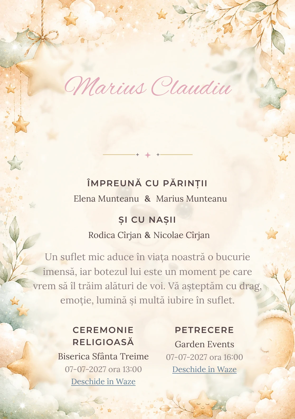 Invitație digitală de botez Ursuleț de Poveste, fundal cu ursuleț central transparent, nori moi, stele mici și tonuri bej-verde pal și centru luminos pentru text
