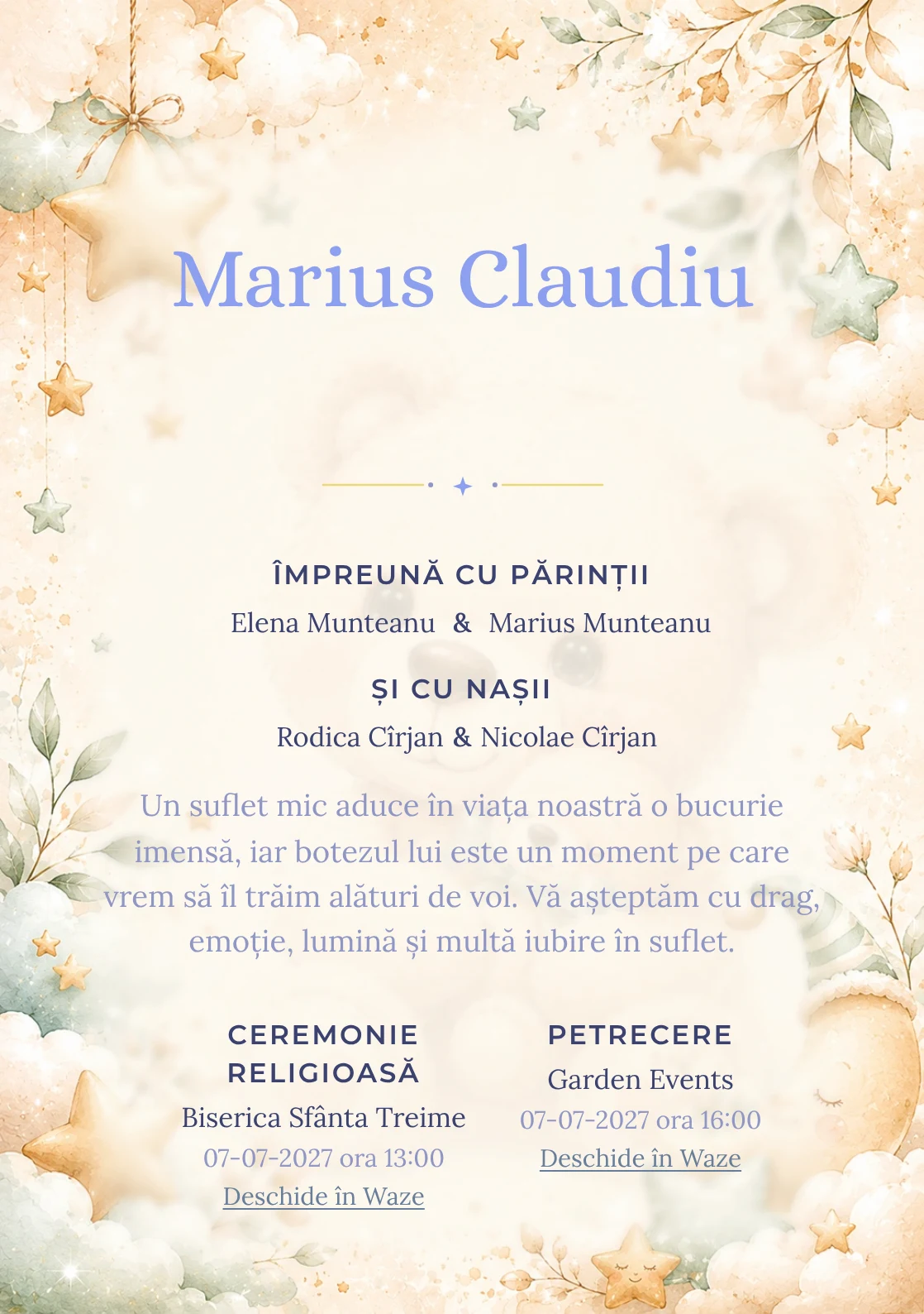 Invitație digitală de botez Ursuleț de Poveste, fundal cu ursuleț central transparent, nori moi, stele mici și tonuri bej-verde pal și centru luminos pentru text
