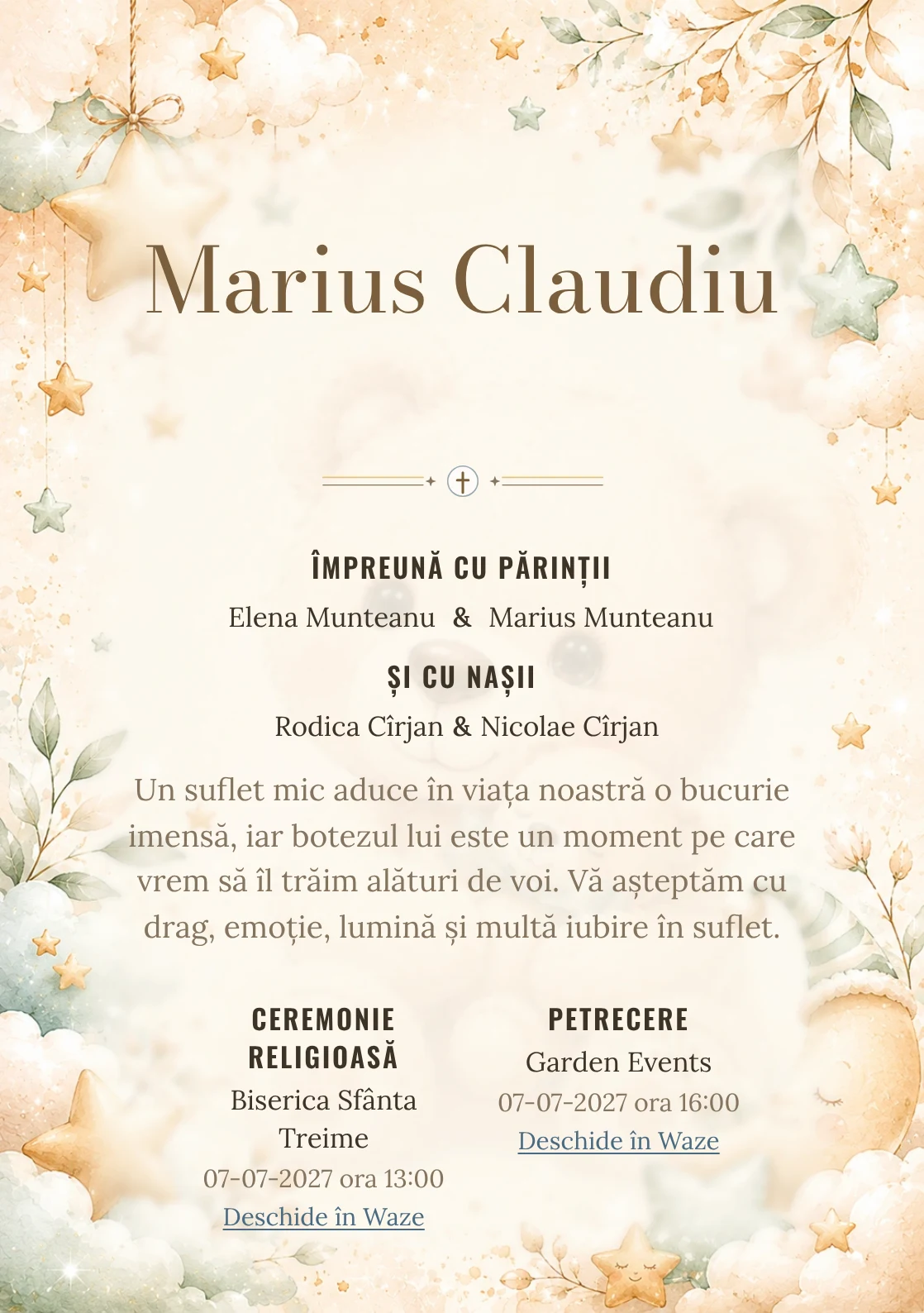 Invitație digitală de botez Ursuleț de Poveste, fundal cu ursuleț central transparent, nori moi, stele mici și tonuri bej-verde pal și centru luminos pentru text