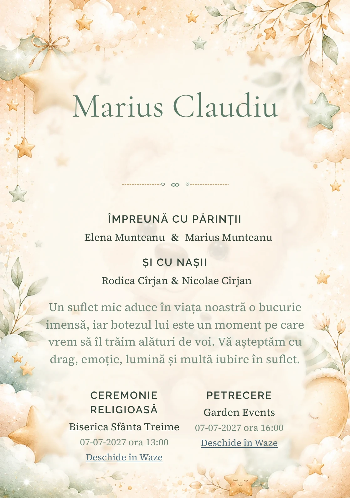 Invitație digitală de botez Ursuleț de Poveste, fundal cu ursuleț central transparent, nori moi, stele mici și tonuri bej-verde pal și centru luminos pentru text