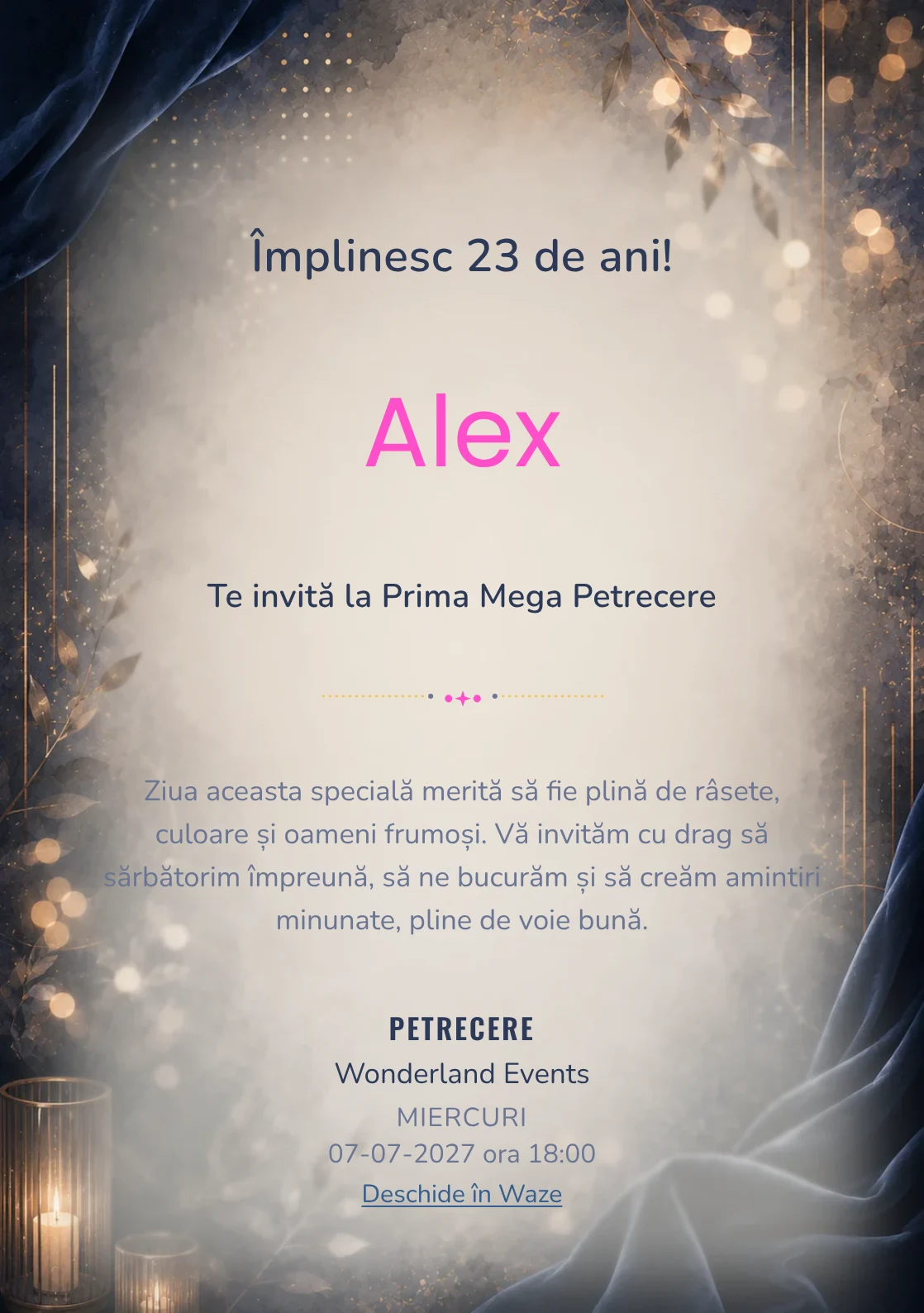 Invitație digitală aniversară Velvet Night, fundal premium cu catifea nocturnă, bokeh și accente bronz