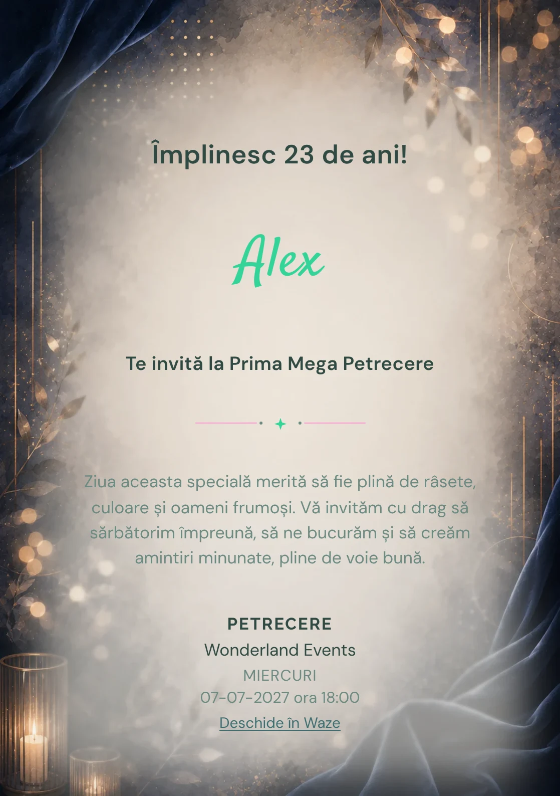 Invitație digitală aniversară Velvet Night, fundal premium cu catifea nocturnă, bokeh și accente bronz