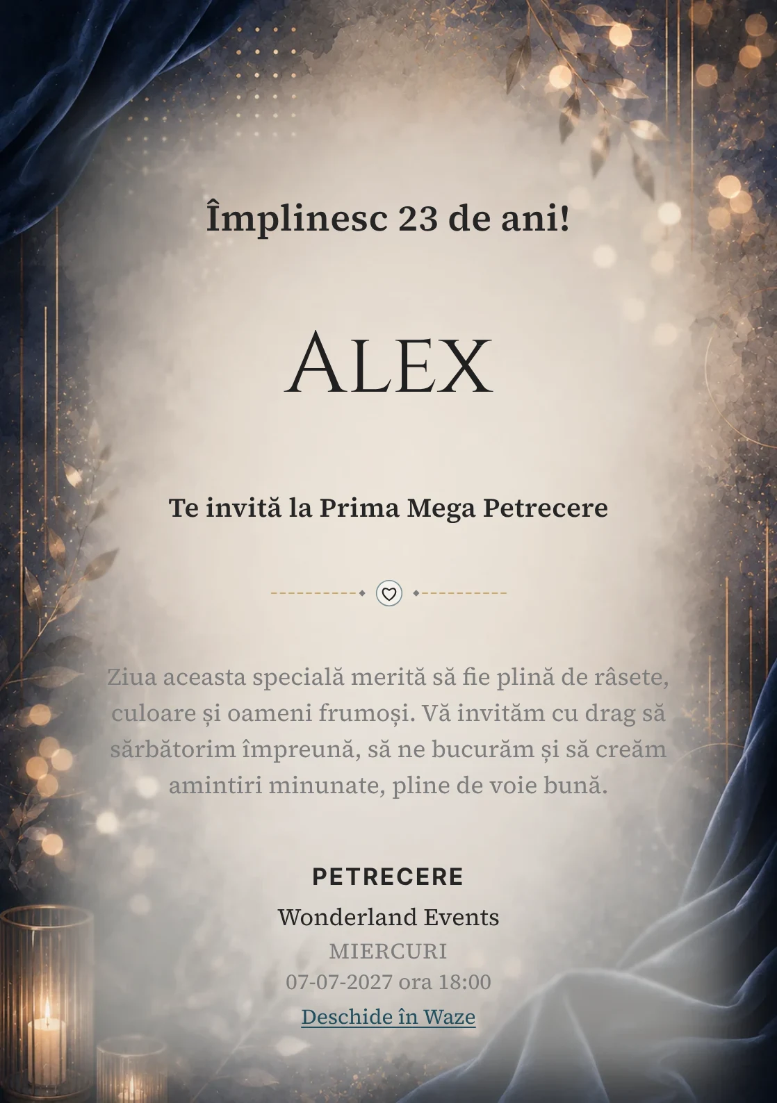 Invitație digitală aniversară Velvet Night, fundal premium cu catifea nocturnă, bokeh și accente bronz