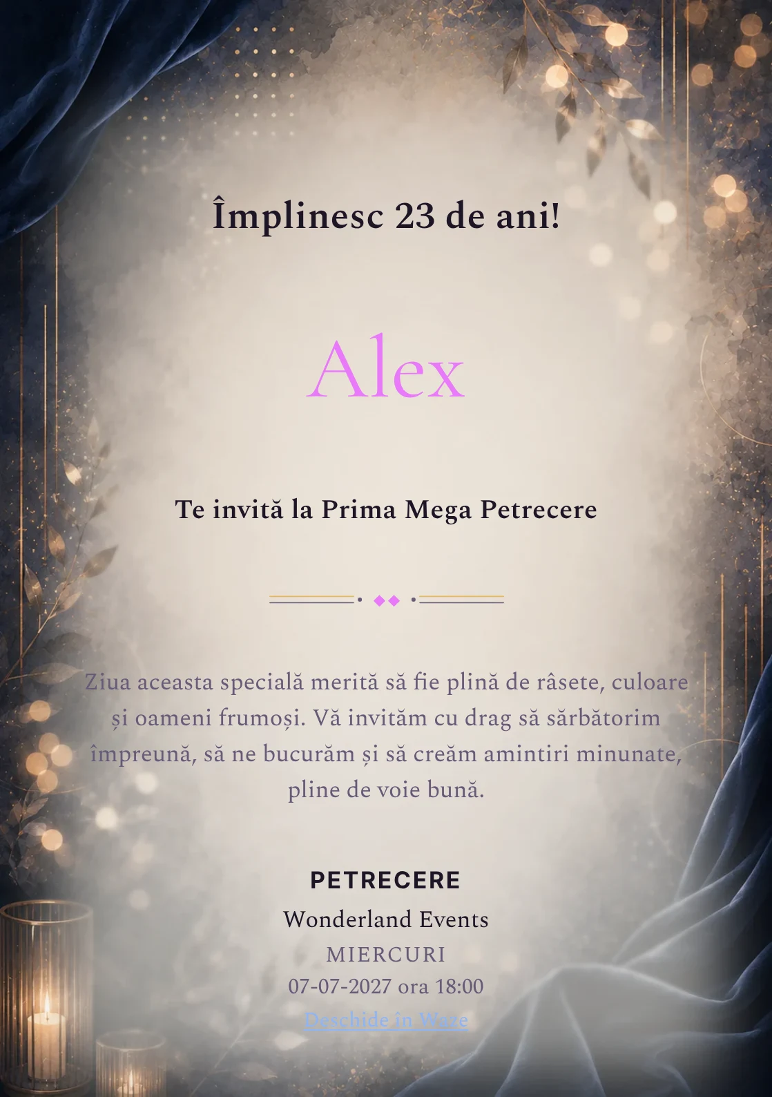 Invitație digitală aniversară Velvet Night, fundal premium cu catifea nocturnă, bokeh și accente bronz