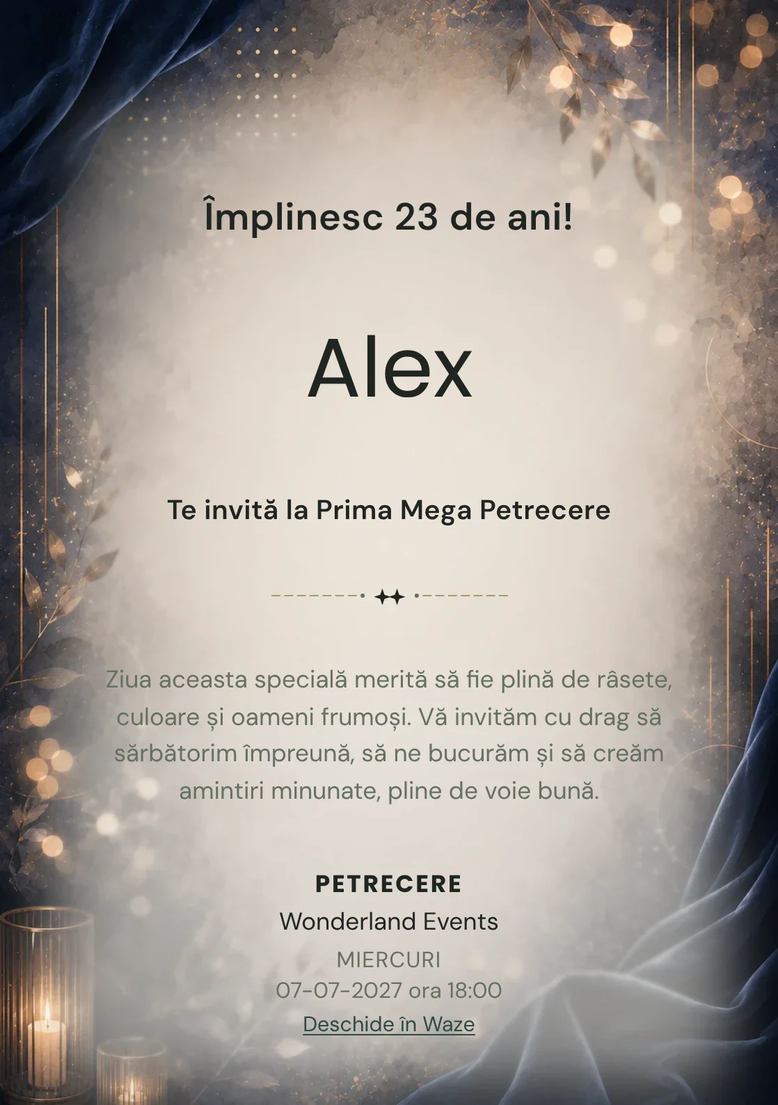 Invitație digitală aniversară Velvet Night, fundal premium cu catifea nocturnă, bokeh și accente bronz