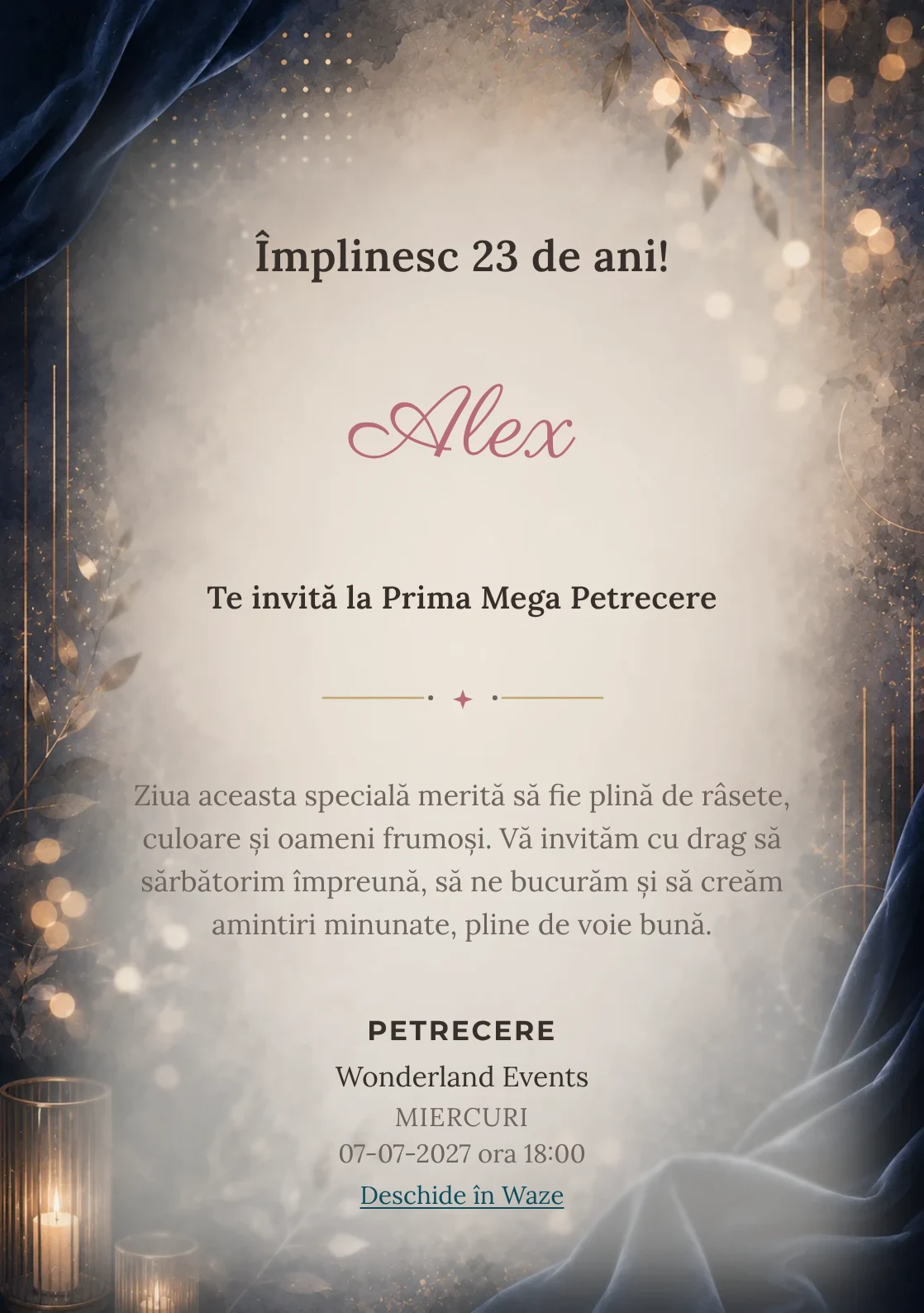 Invitație digitală aniversară Velvet Night, fundal premium cu catifea nocturnă, bokeh și accente bronz