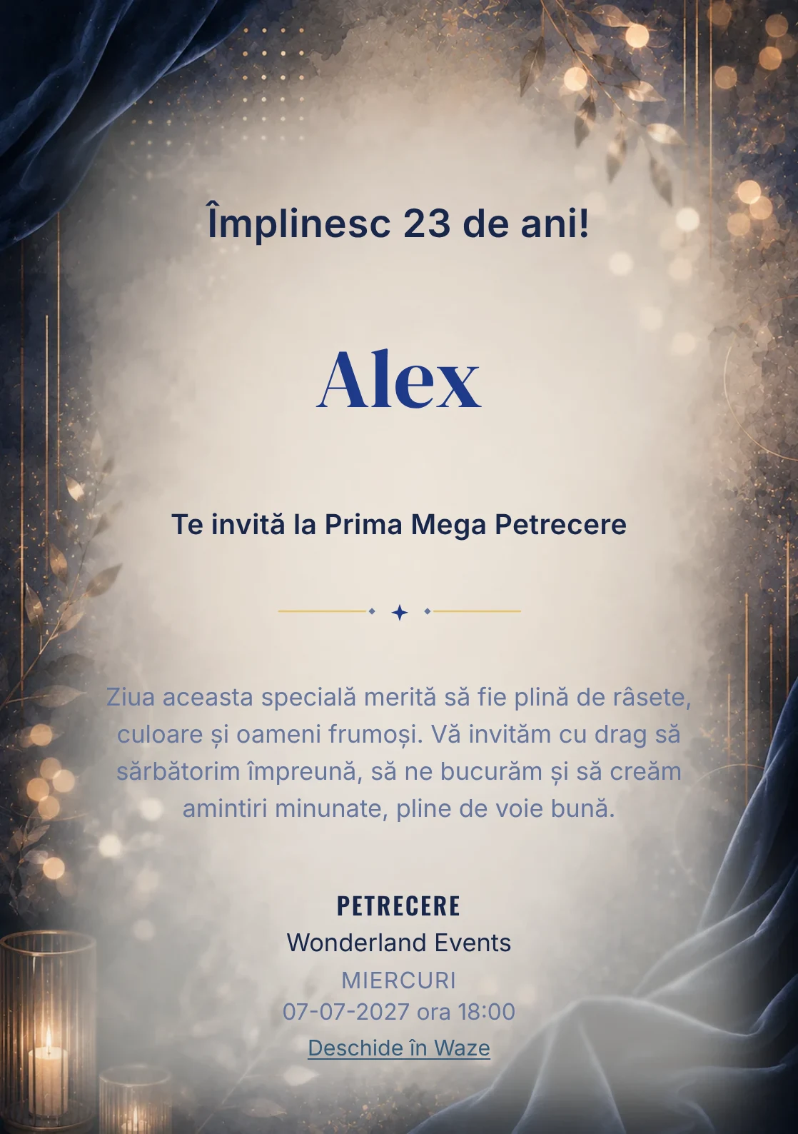 Invitație digitală aniversară Velvet Night, fundal premium cu catifea nocturnă, bokeh și accente bronz