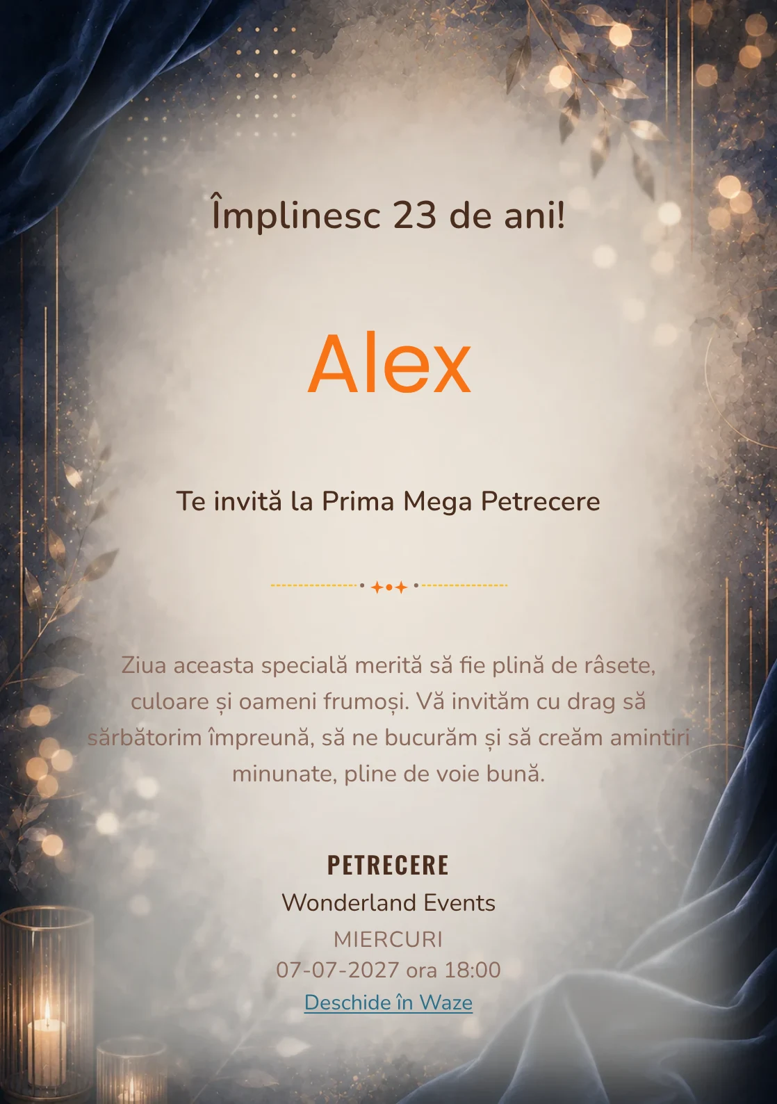 Invitație digitală aniversară Velvet Night, fundal premium cu catifea nocturnă, bokeh și accente bronz