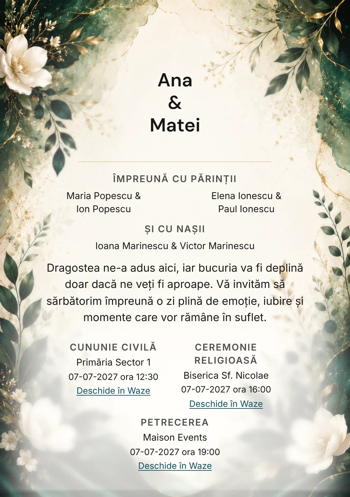 Invitație digitală de nuntă Verde Smarald, fundal verde smarald, potrivit pentru pachetele Basic și Premium