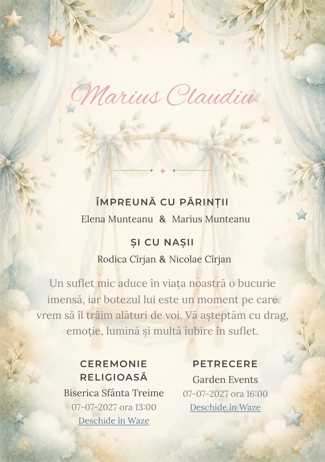 Invitație digitală de botez Vis de Leagăn, fundal cu leagăn stilizat ca watermark, bleu mineral, verde salvie și caramel pal și centru luminos pentru text
