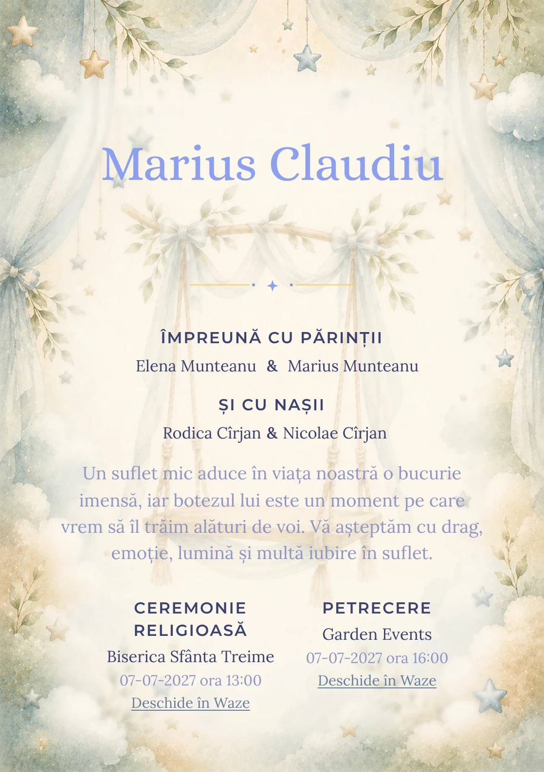 Invitație digitală de botez Vis de Leagăn, fundal cu leagăn stilizat ca watermark, bleu mineral, verde salvie și caramel pal și centru luminos pentru text