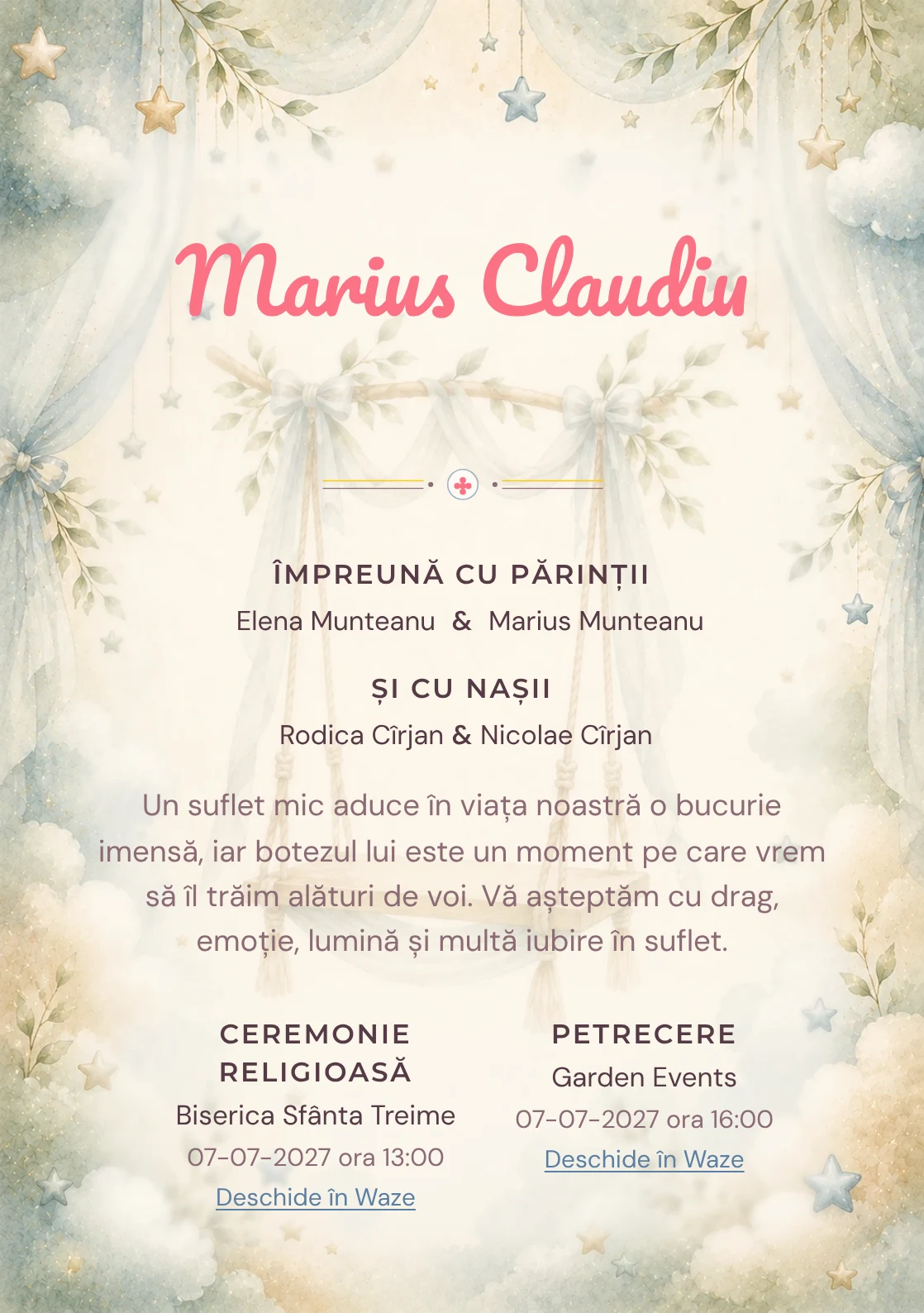 Invitație digitală de botez Vis de Leagăn, fundal cu leagăn stilizat ca watermark, bleu mineral, verde salvie și caramel pal și centru luminos pentru text