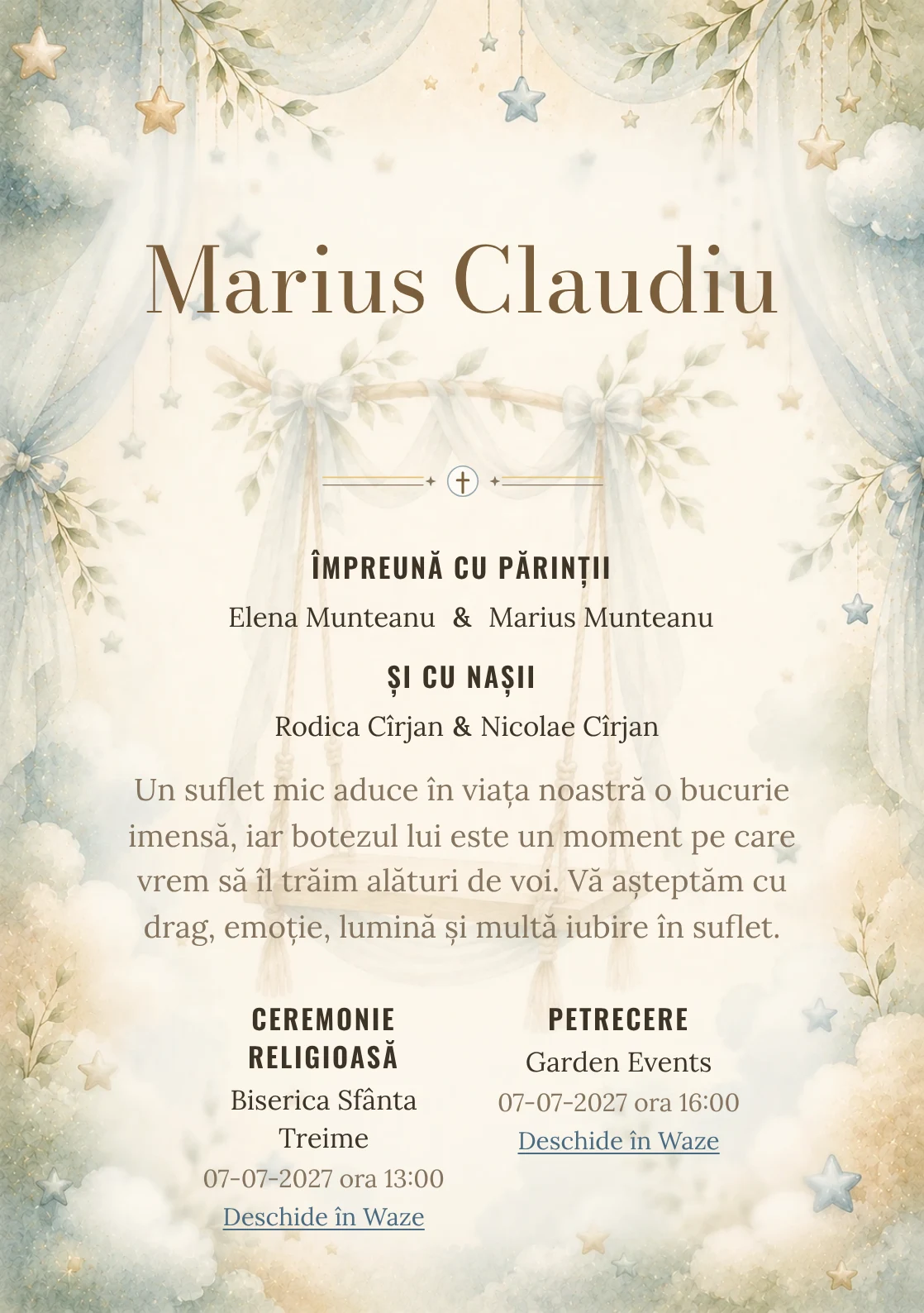 Invitație digitală de botez Vis de Leagăn, fundal cu leagăn stilizat ca watermark, bleu mineral, verde salvie și caramel pal și centru luminos pentru text