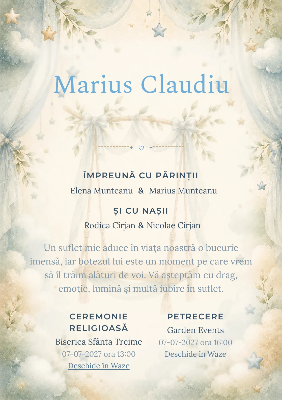 Invitație digitală de botez Vis de Leagăn, fundal cu leagăn stilizat ca watermark, bleu mineral, verde salvie și caramel pal și centru luminos pentru text