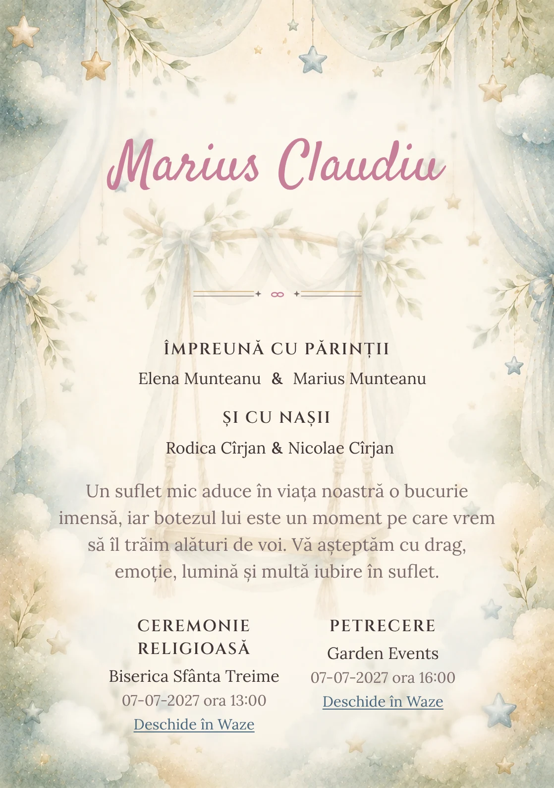 Invitație digitală de botez Vis de Leagăn, fundal cu leagăn stilizat ca watermark, bleu mineral, verde salvie și caramel pal și centru luminos pentru text