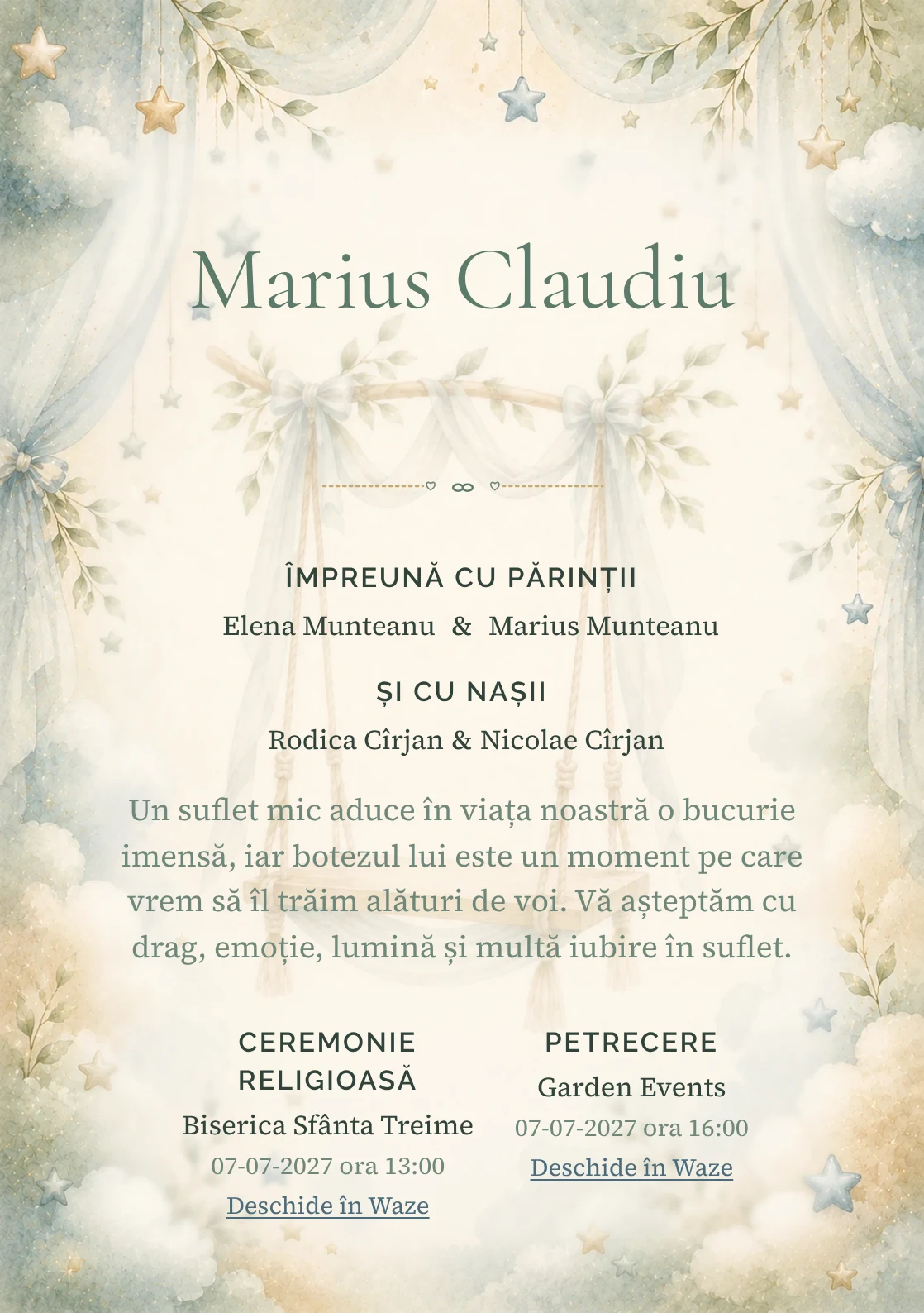 Invitație digitală de botez Vis de Leagăn, fundal cu leagăn stilizat ca watermark, bleu mineral, verde salvie și caramel pal și centru luminos pentru text
