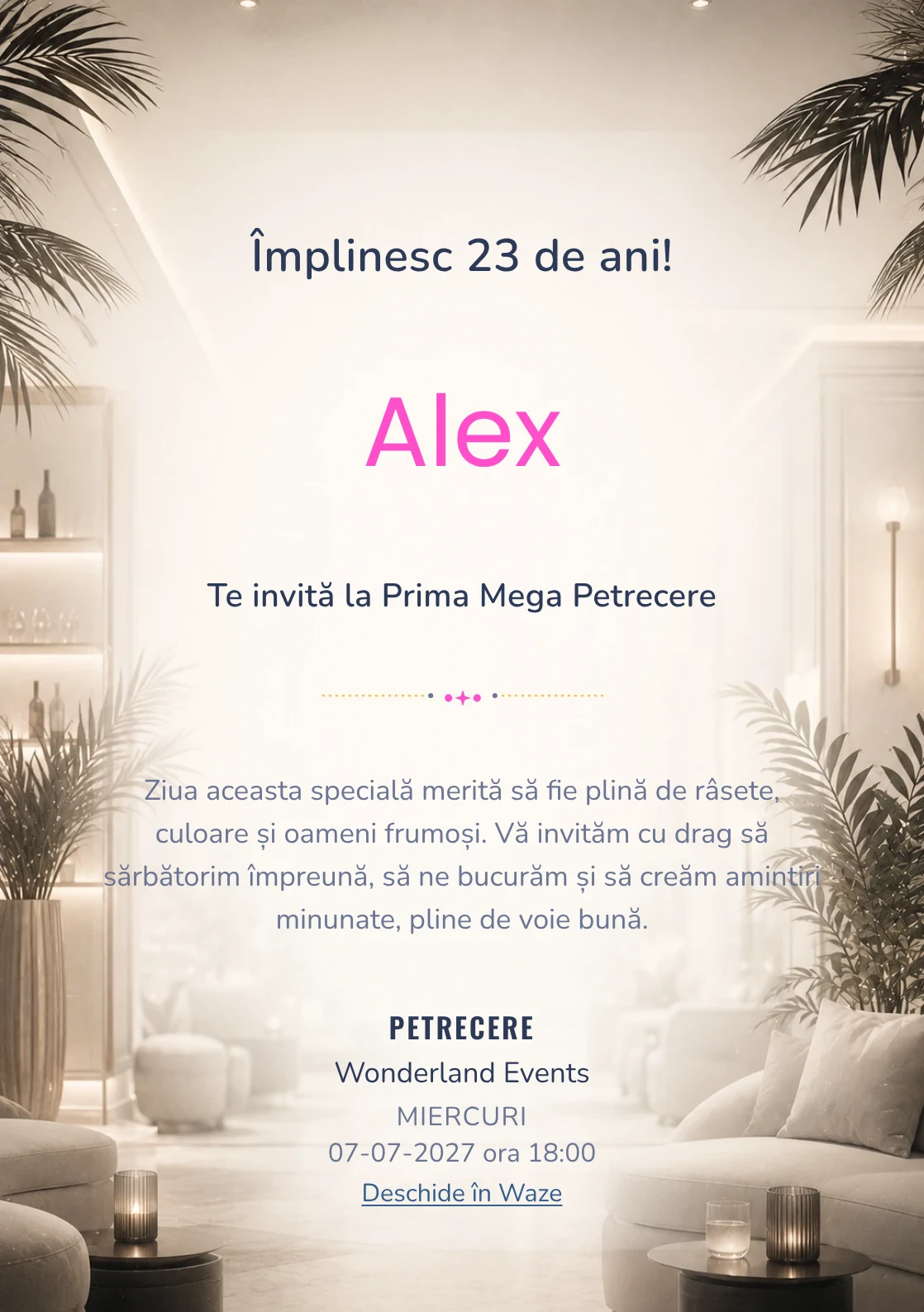 Invitație digitală aniversară White Lounge, fundal premium cu interior lounge estompat, alb cald și accente negre fine