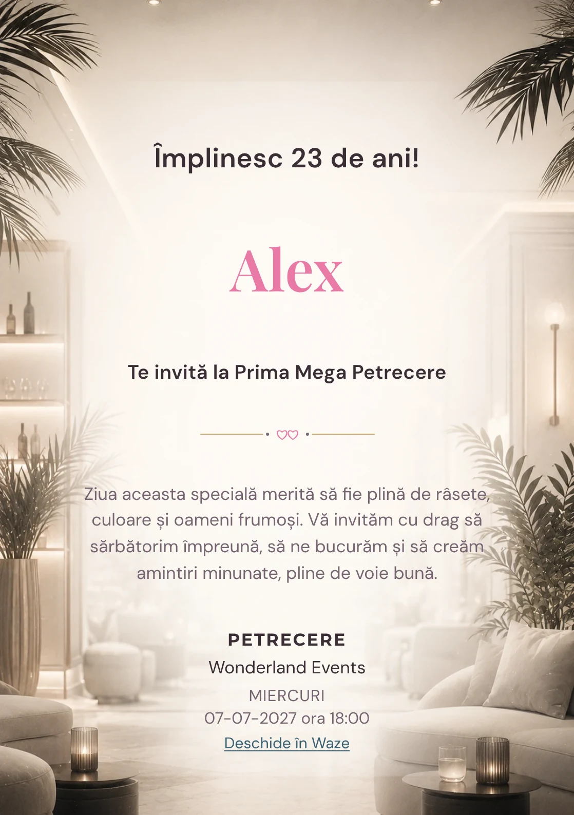 Invitație digitală aniversară White Lounge, fundal premium cu interior lounge estompat, alb cald și accente negre fine