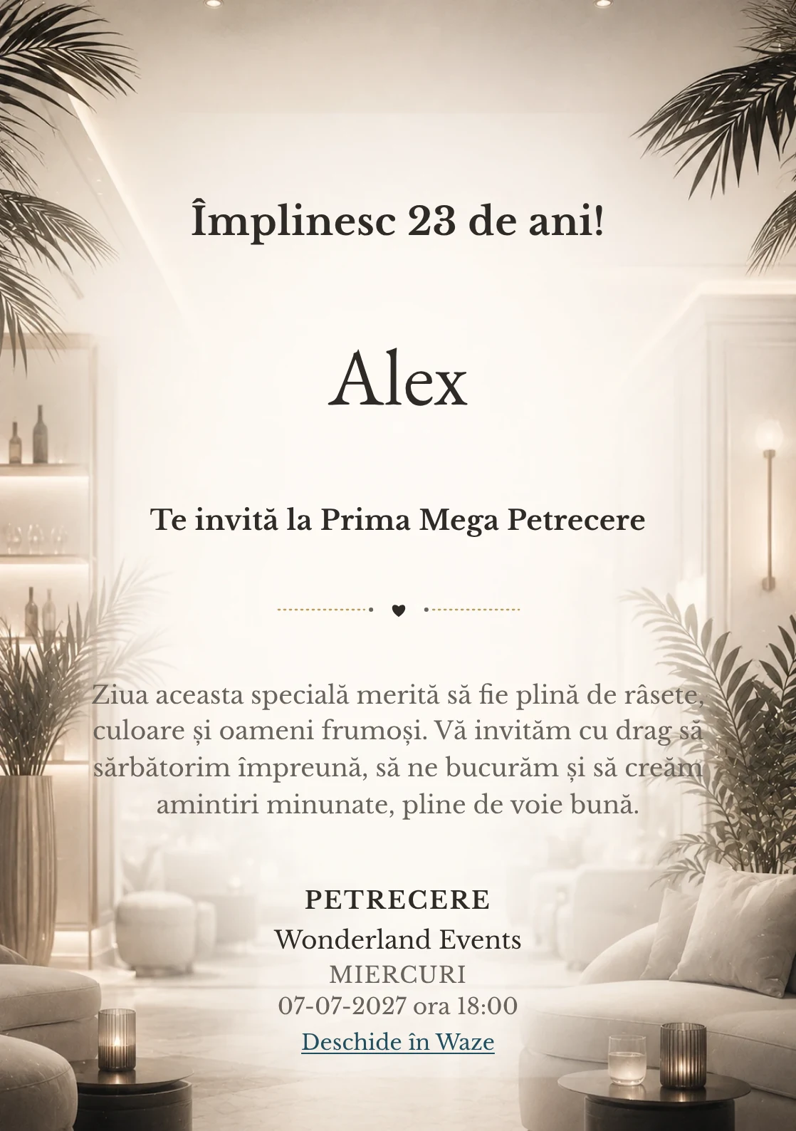 Invitație digitală aniversară White Lounge, fundal premium cu interior lounge estompat, alb cald și accente negre fine