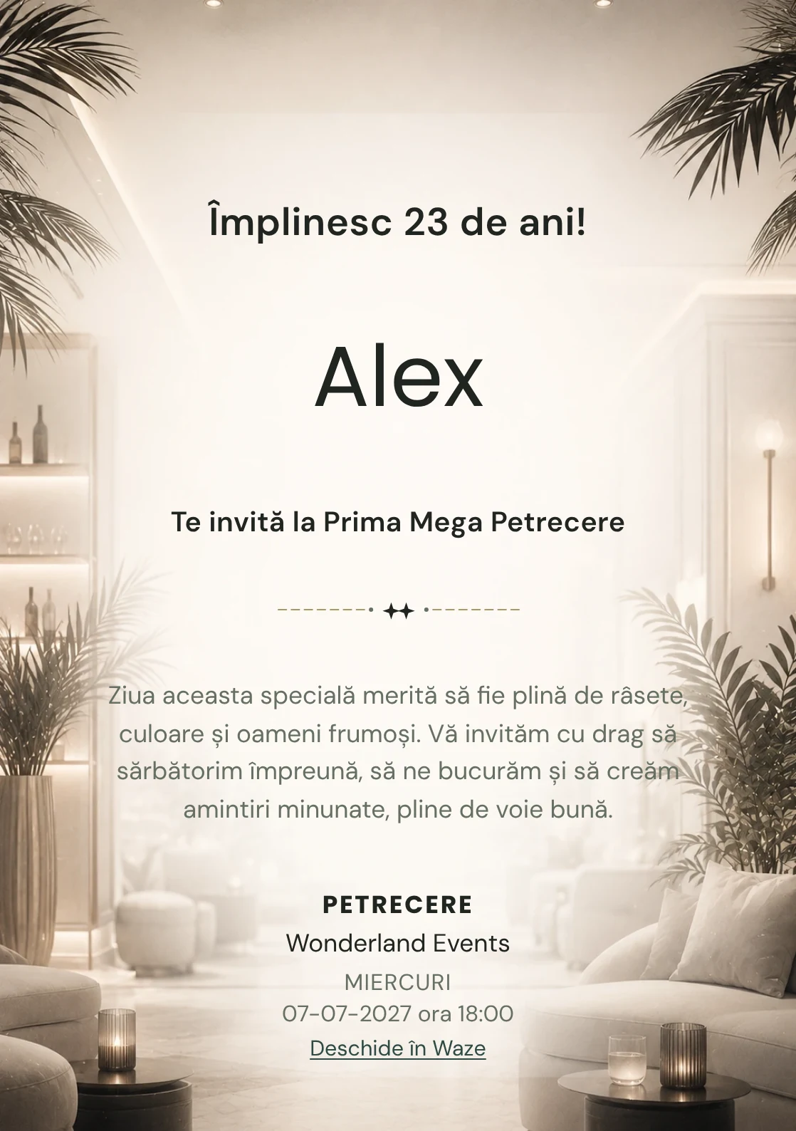 Invitație digitală aniversară White Lounge, fundal premium cu interior lounge estompat, alb cald și accente negre fine