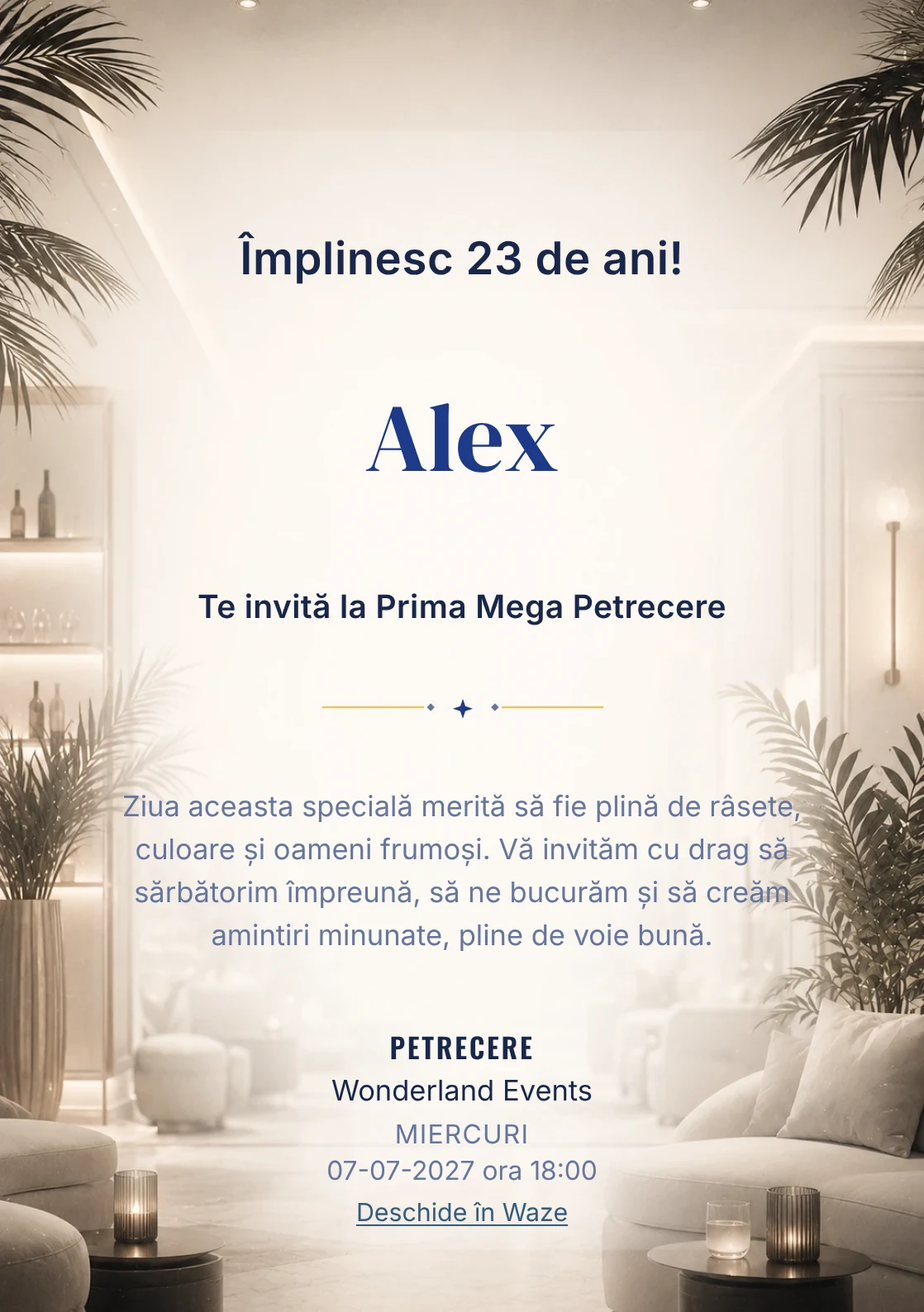 Invitație digitală aniversară White Lounge, fundal premium cu interior lounge estompat, alb cald și accente negre fine