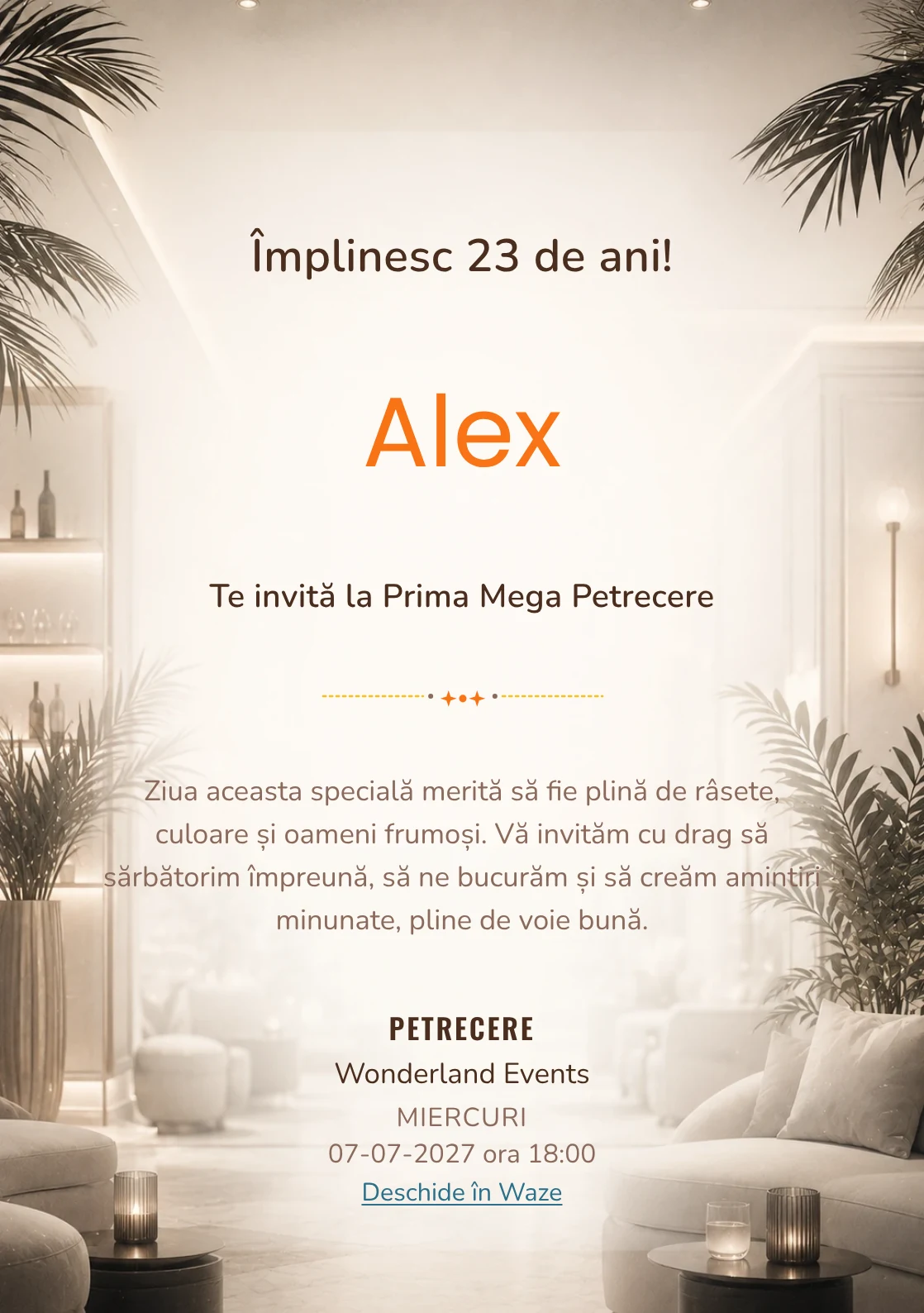 Invitație digitală aniversară White Lounge, fundal premium cu interior lounge estompat, alb cald și accente negre fine