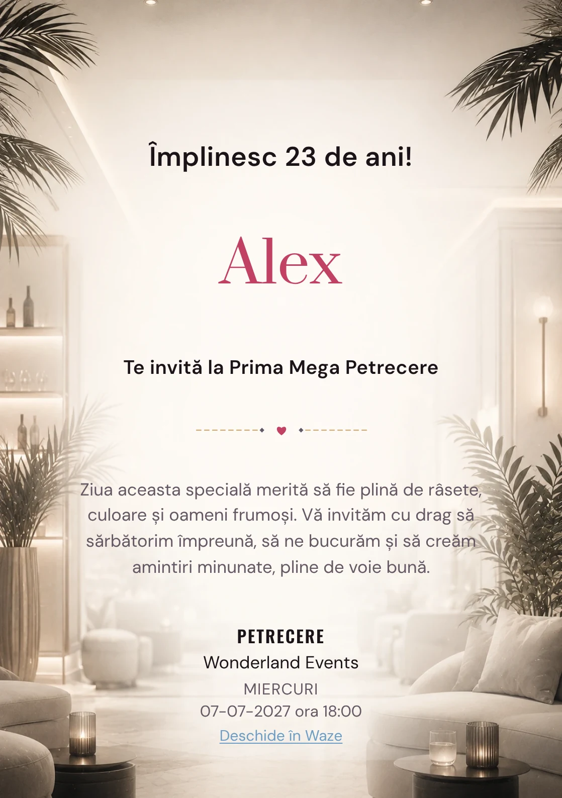 Invitație digitală aniversară White Lounge, fundal premium cu interior lounge estompat, alb cald și accente negre fine